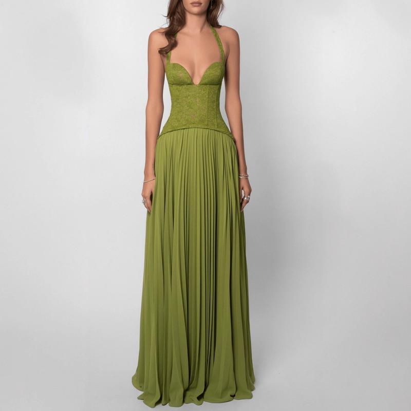 Women's Ocean-Style Sleeveless Halter Dress - European & American Cross-Border Casual Wear, Backless, Low-Cut, Waist-Cinching, Ruched Straps