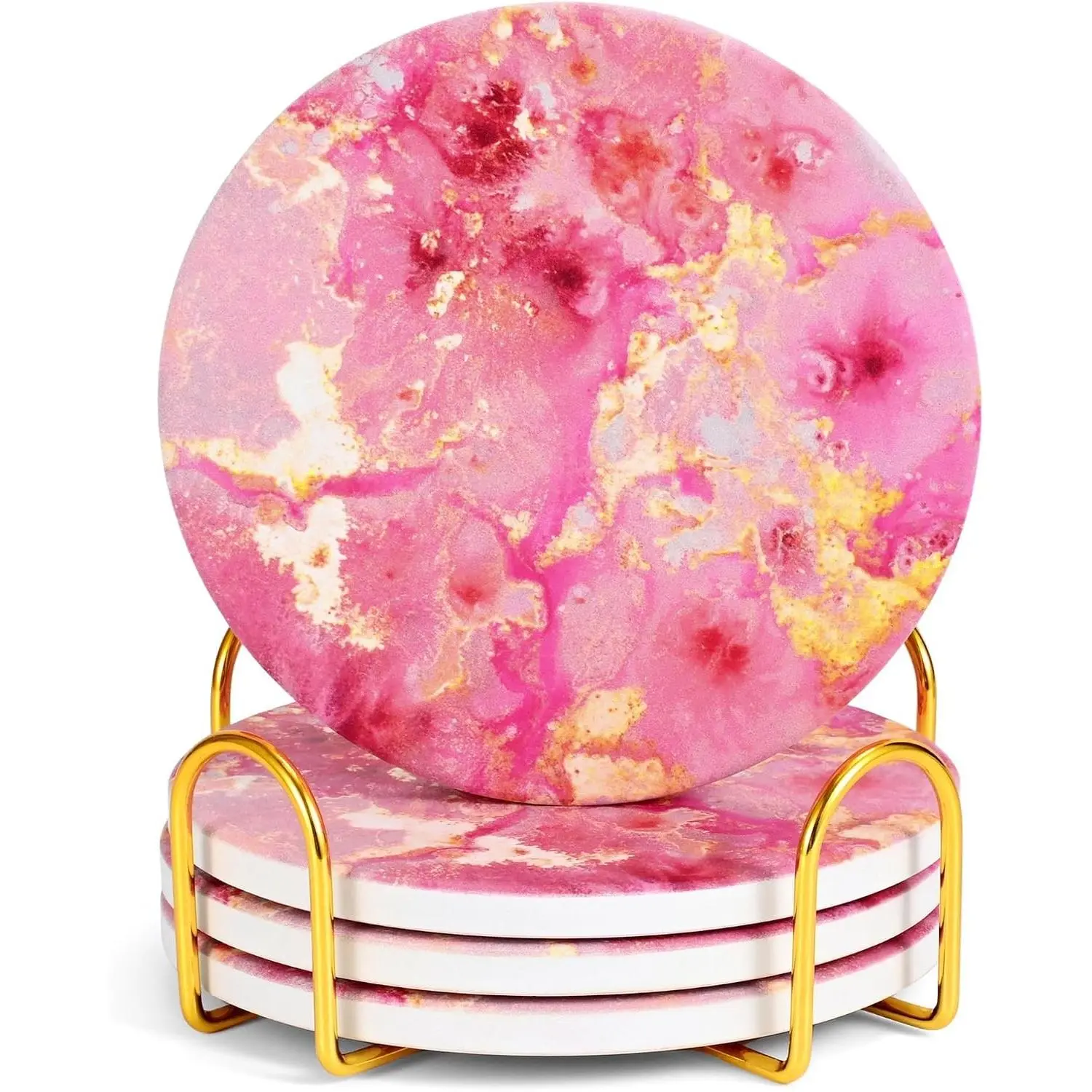 Stylish Pink and Gold Feminine Charm Ceramic Desk Coasters (4 Pieces, Marble Print), Feminine Office Use Drink Coasters for Women, Coffee Table Decor