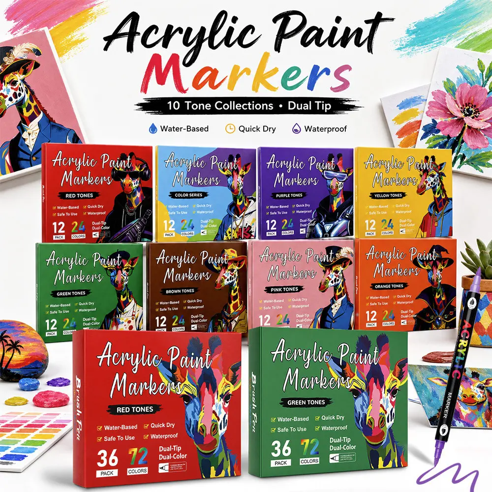 12-72 Color Dual-Tip Acrylic Markers Set, Fade-Resistant, Ideal for Artists, Illustrations, DIY Projects, Coloring Books, Non-Disposable