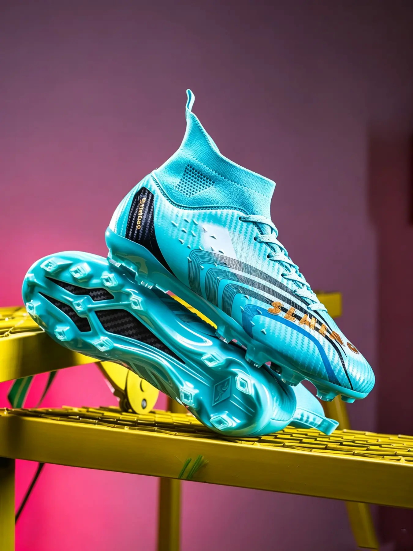 Men's High Top Football Shoes, Long Studs Optional, Breathable Flyknit Upper, Durable Training Cleats, Sizes 35-46, Outdoor Soccer Boots