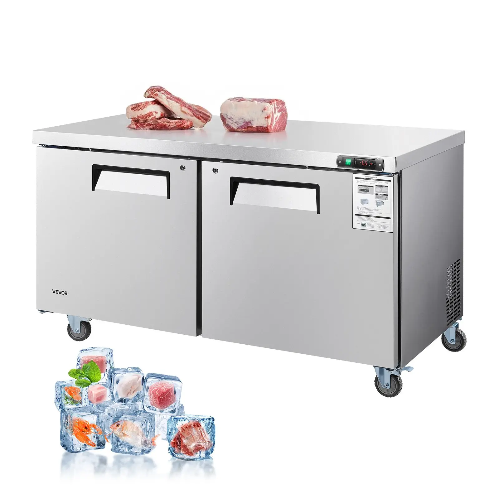 VEVOR 60-in Stainless Steel Commercial Undercounter Worktop Freezer (KTF-60B1), 14.8 Cu. Ft, 60.24x30x35.43 in, 2 Lockable Doors, LED Auto Lighting, Casters, 450W Power, Food Freezing Food Prep Worktable