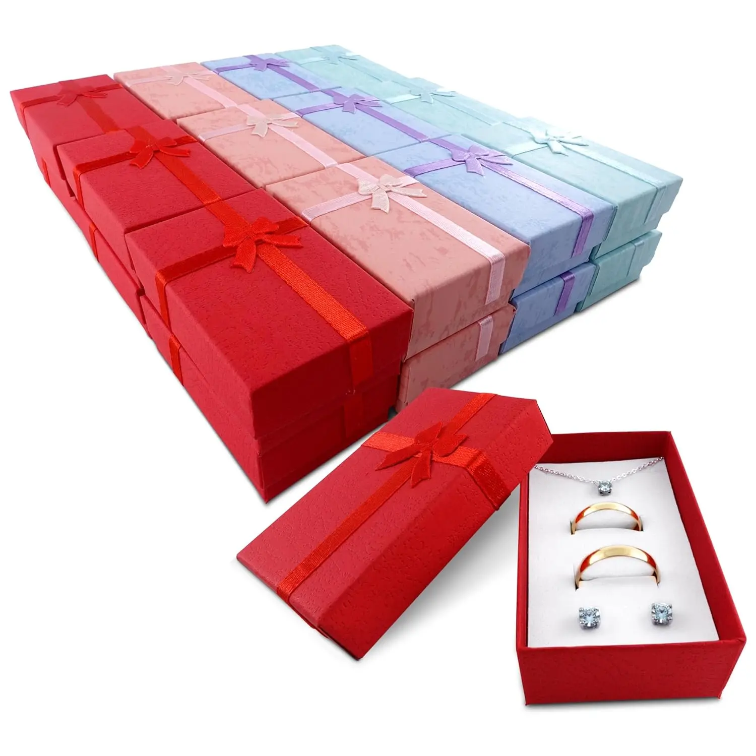 24 Pack Small   Boxes with Bows — 4 Color Options, Cardboard Paper Earring, Necklace and Bracelet  Box with  Insert — Birthday, Wedding and Mother’s Day | 3.2" X 2" X 1.06"