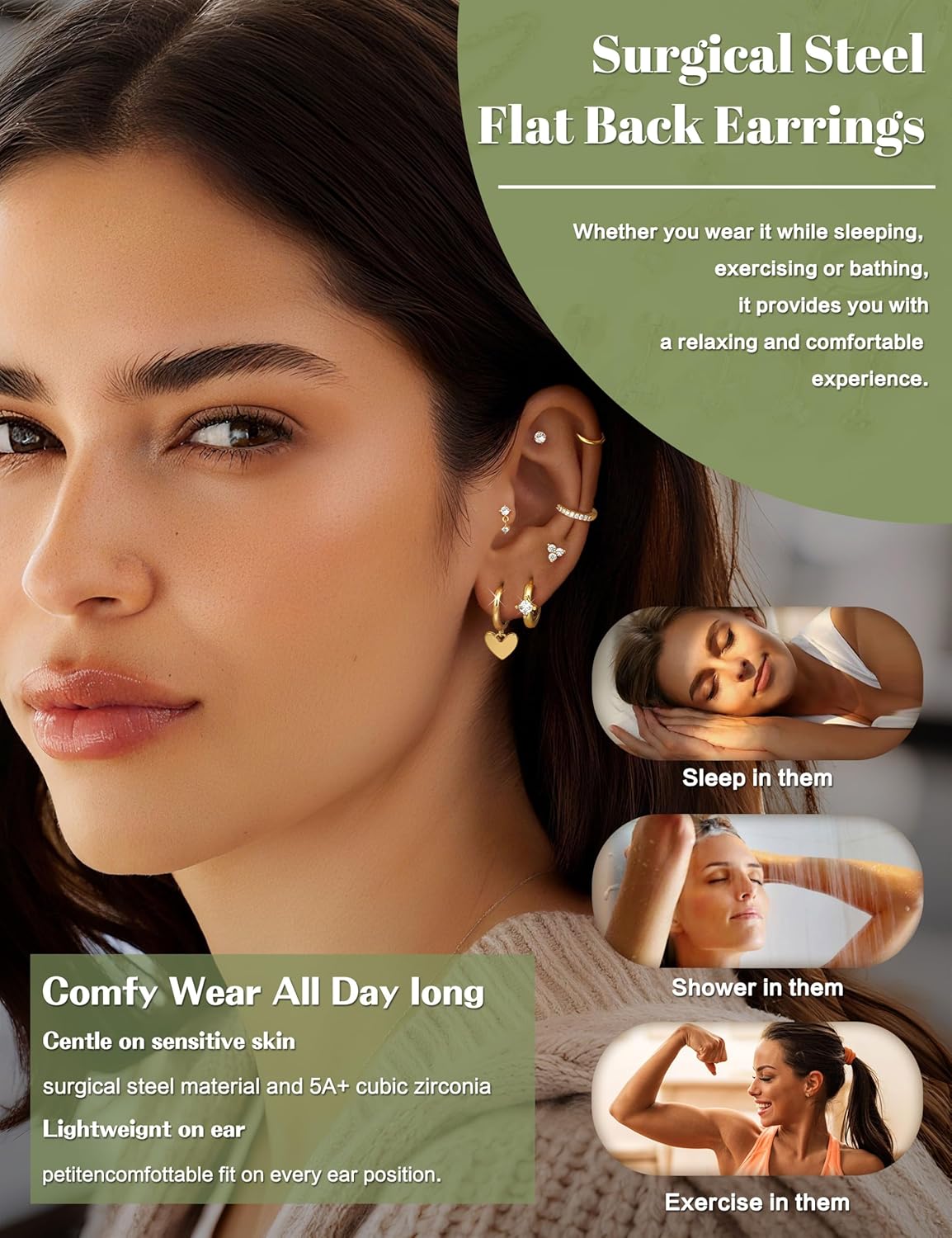 CASSIECA 21Pcs Piercing Ear Surgical Steel Helix Piercings Gold Silver Hoop Earrings Stud Set Cartilage Earrings Tragus Conch Helix Piercing Ear Jewelry