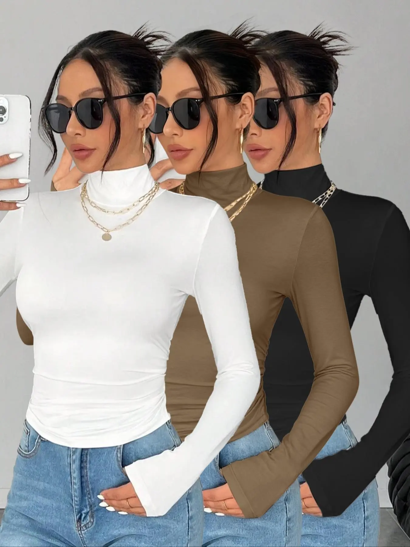 3-Piece Set Of Solid Color High Neck Long Sleeved T-Shirt, Versatile And Casual Style, Showing Off Figure And Slim Fit, Suitable For Women'S Daily Wear, Layered Interior And Workplace Commuting
