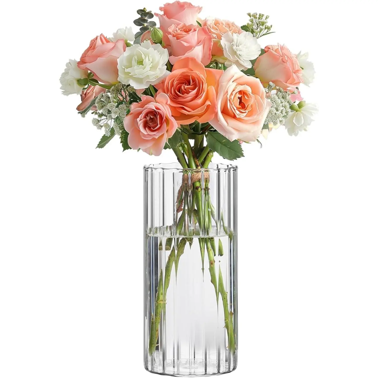 ComSaf 8 Inch Clear Ribbed Glass Cylinder Vase, Multi-Purpose Bud Vase Hurricane Floating Candle Holder, Decorative Flower Vase for Wedding Centerpieces, Home Decor, Housewarming Gift