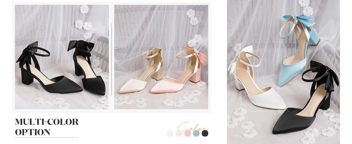 Coutgo Womens Chunky Heels Low Heel Ankle Strap D'Orsay Pumps Closed Pointed Toe Wedding Bridal Shoes