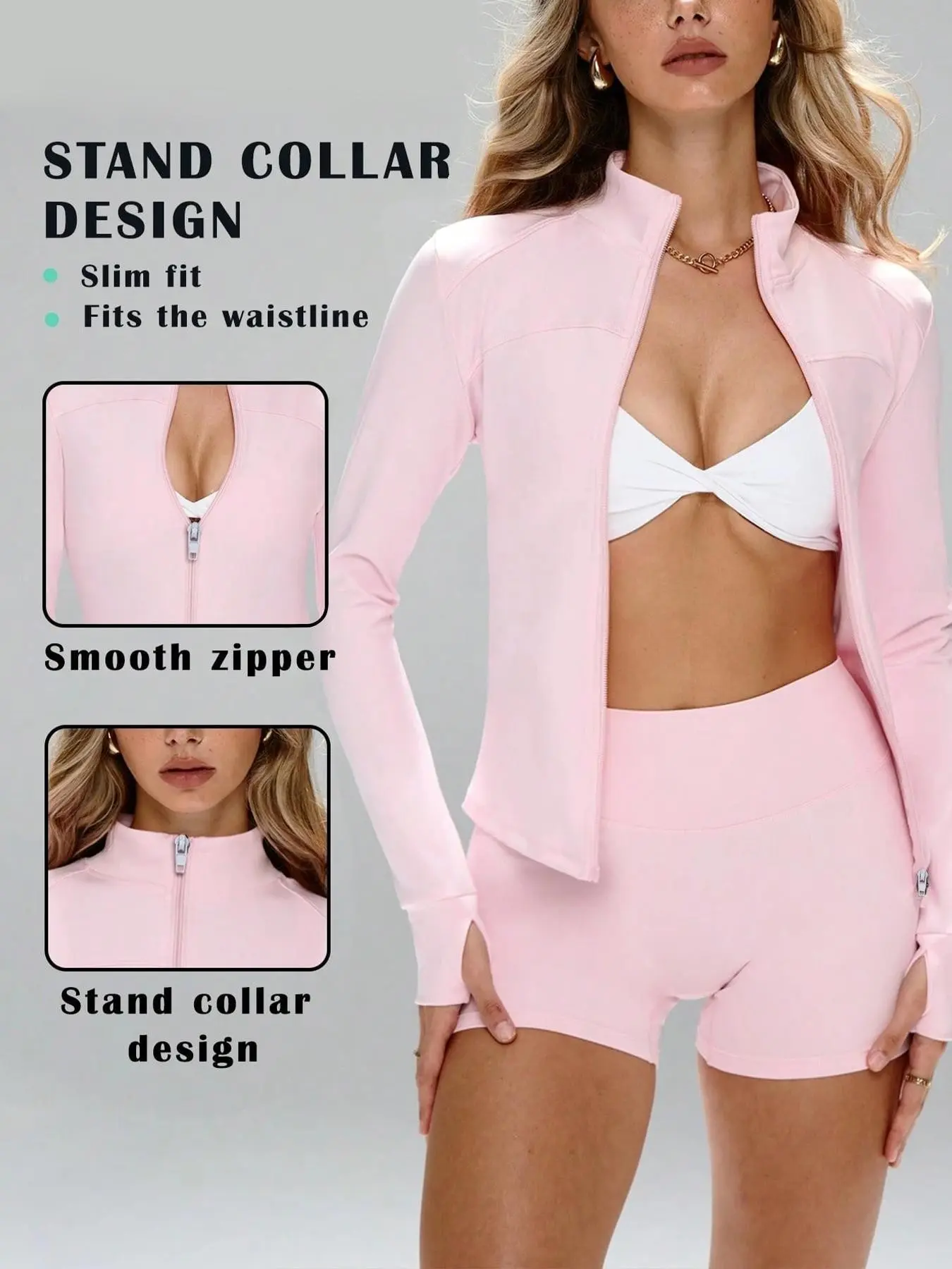 Trendy Sportswear Two-Piece Set, Thumbhole Long Sleeve Zipper Jacket + Sweat-Wicking Slim Fit Shorts, Comfortable and Stylish
