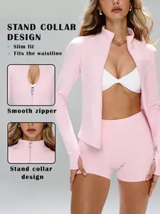 Trendy Sportswear Two-Piece Set, Thumbhole Long Sleeve Zipper Jacket + Sweat-Wicking Slim Fit Shorts, Comfortable and Stylish
