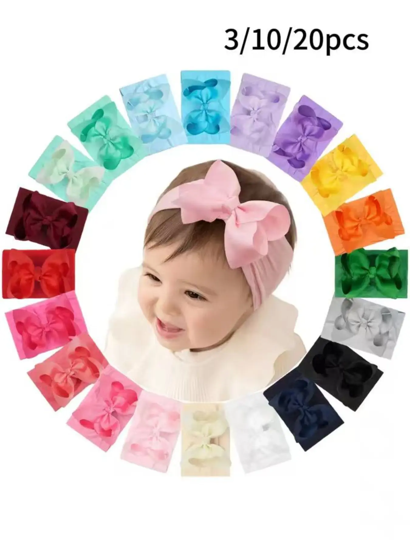 3/10/20 Pack Baby Girl Hair Bows Headbands, 4 Inch Large Butterfly Turban Wraps, Buttery Soft High Stretch Hair Accessories, Multi Solid Color for Newborn Infants Toddlers, Perfect Baby Shower & Birthday Gift, Versatile Outfit Matching Photo Props