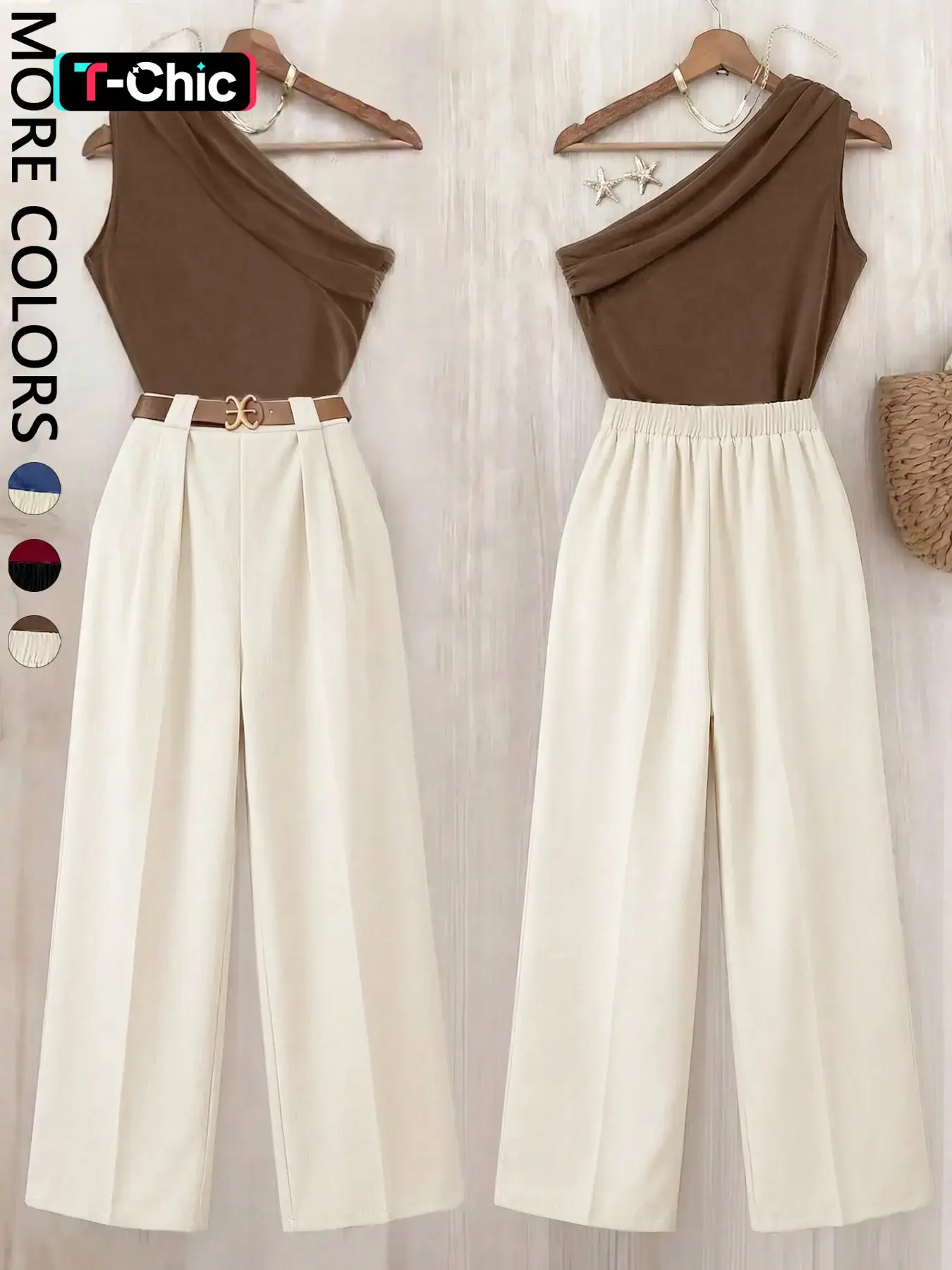 2 Piece One Shoulder Top Wide Leg Pants Set Women | High Waist Matching Outfit | High Waisted Sets | Office Business Casual Wear | Casual Formal Set | Soft Textured Matching Outfit | Minimalist Elegant Daily Wear | Casual Summer Set