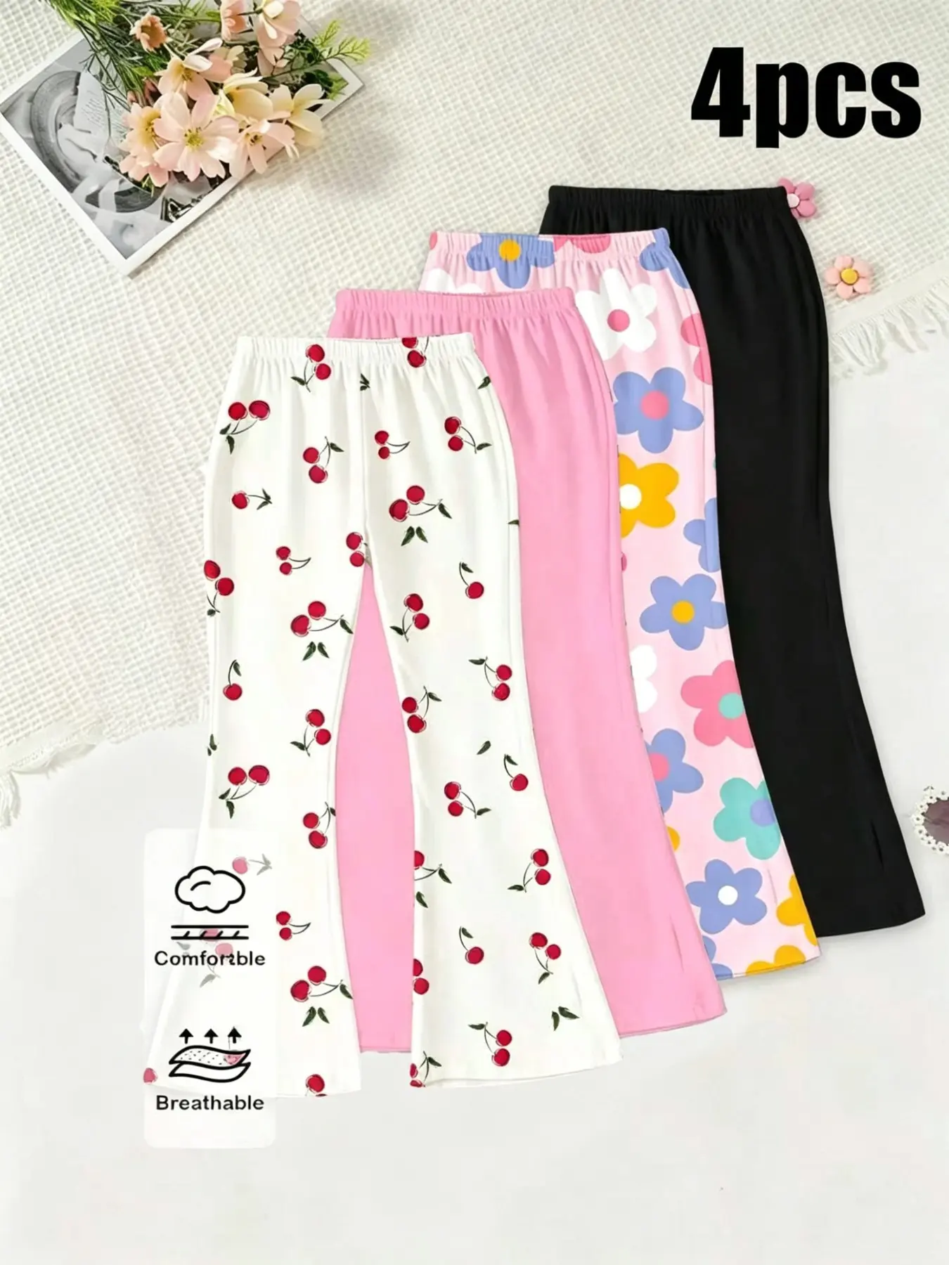 4-Pack Girls' Elastic Waist Flared Pants, Soft Non-Irritating Fabric, Wide Leg Design, All-Day Comfort, Casual Style