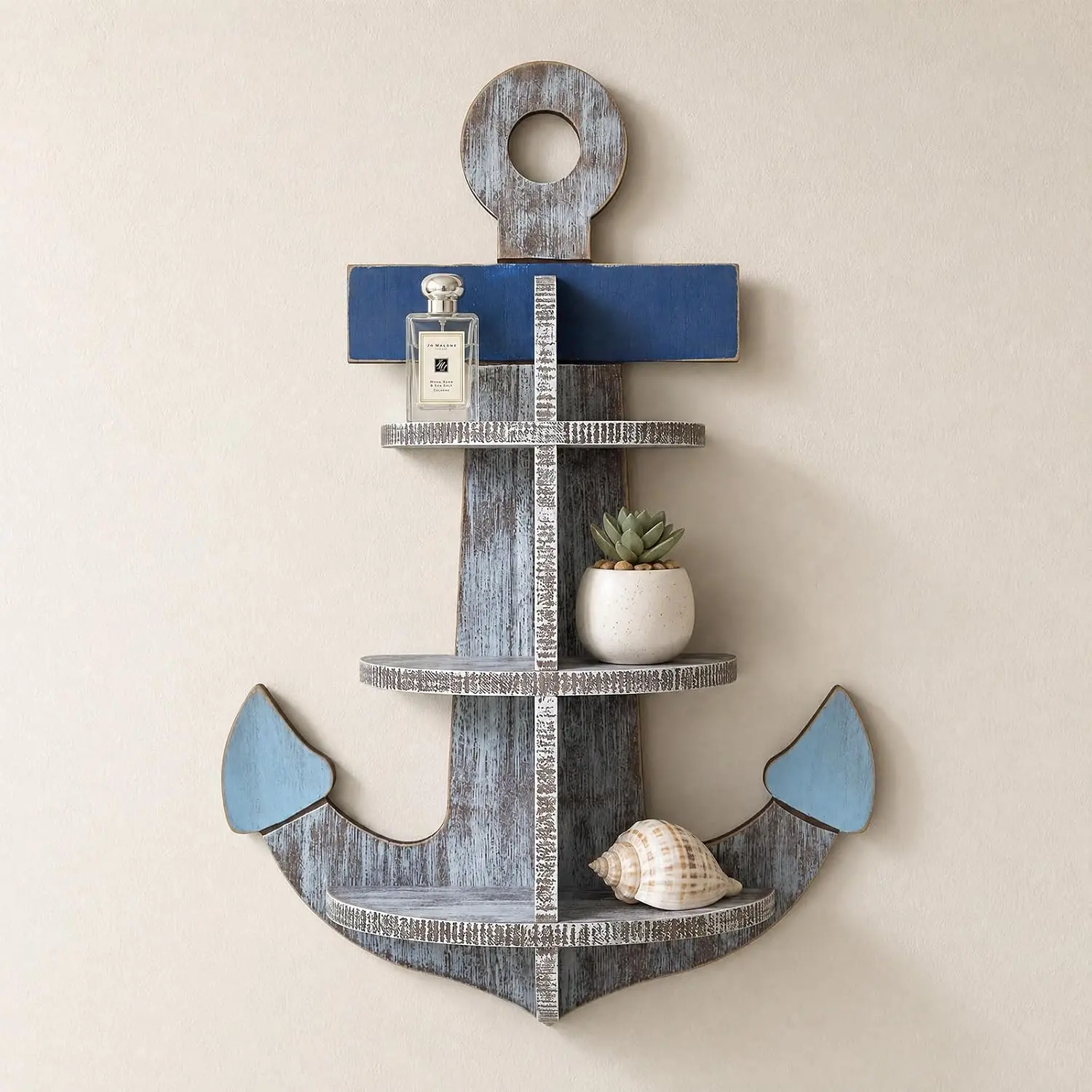 23.6" Nautical Anchor Shape Wooden Shelf, Rustic Blue Coastal Wall Decor, Ocean-Themed Home Storage Organizer for Bedroom, Living Room, House Decor Gift, Shelves, Nautical Theme