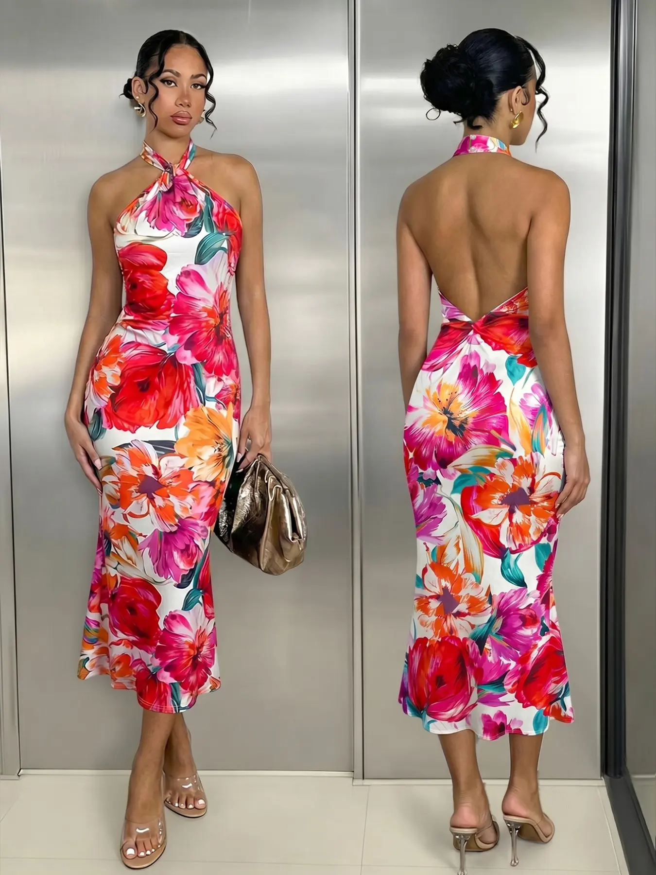 Women's Floral Print Halter Backless Dress, Sleeveless Bodycon Long Skirt, Elegant Chic Boho Floral Printed Summer Vacation Nightclub Tropical Style Clothing, Casual Wear, Floral Sundress