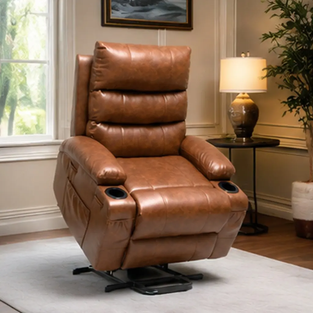 ARCH Motorized Power Lift Recliner Chair for Elderly Users - PU Leather, 21" Wide Seat, 8-Point Vibration Massage, Lumbar Heat, Remote Control, Side Pocket, Cup Holders, Armrest, Motorized Lift Mechanism, Assembly Required, Living Room Chair