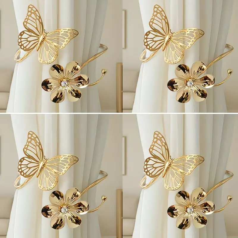 4 Pack Alloy Butterfly Flower Curtain Tiebacks, No Drill Hollow Out Ins Style Elegance Curtain Holdbacks for Hotel Home Decor