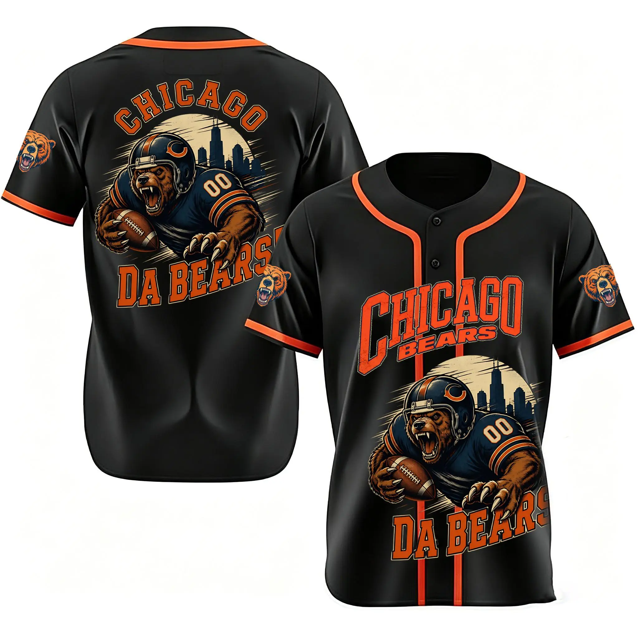 Retro Chicago Bear Baseball Jersey, King Of The North Crown Design Button Up Shirt, Football Fan Casual Outfit