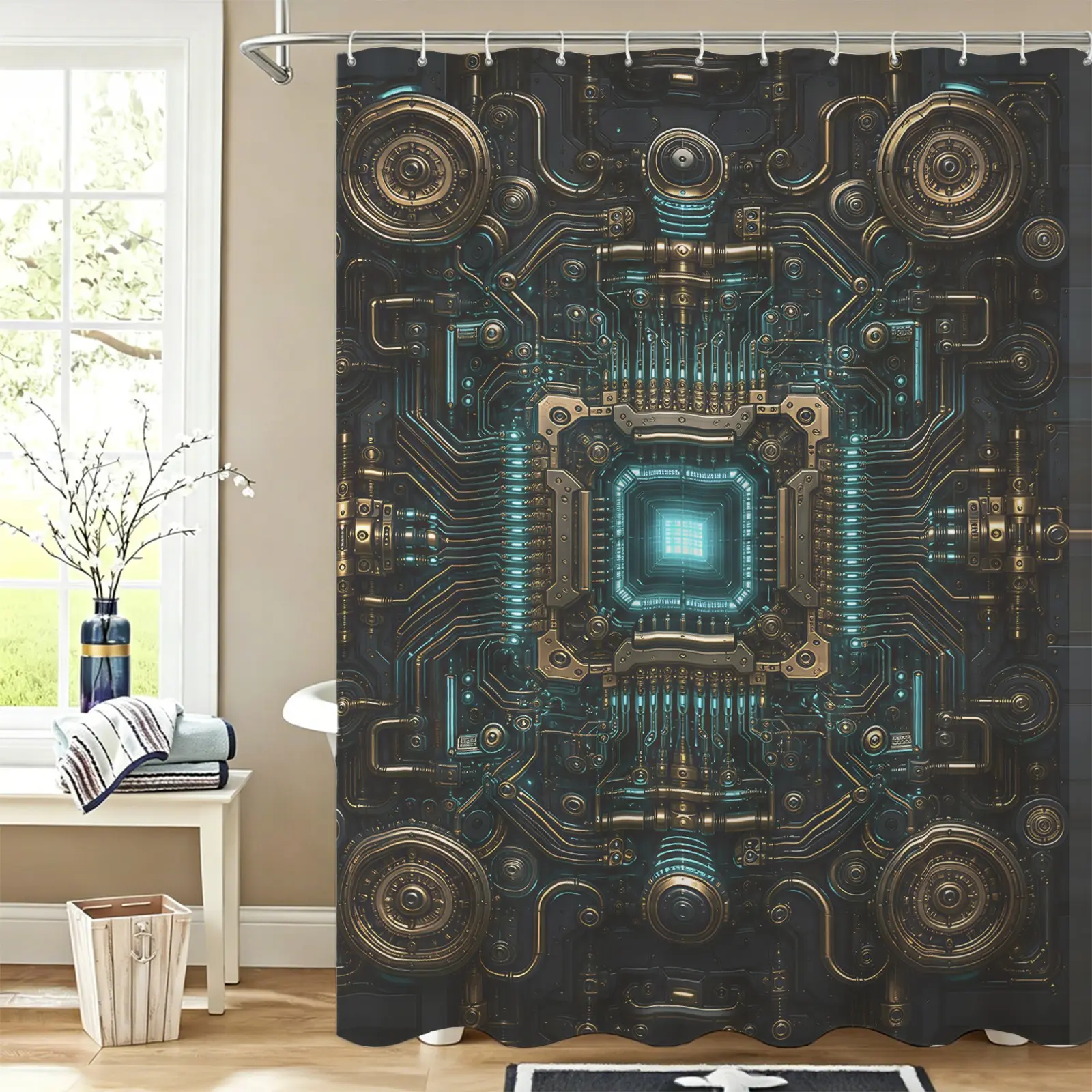 Modern Digital Mechanical Circuit Board Cyberpunk Waterproof Shower Curtain, Comes with 12 Hooks, Realizes Wet & Dry Separation for Bathroom, Multiple Colors, Ideal Bathroom Decor Gift