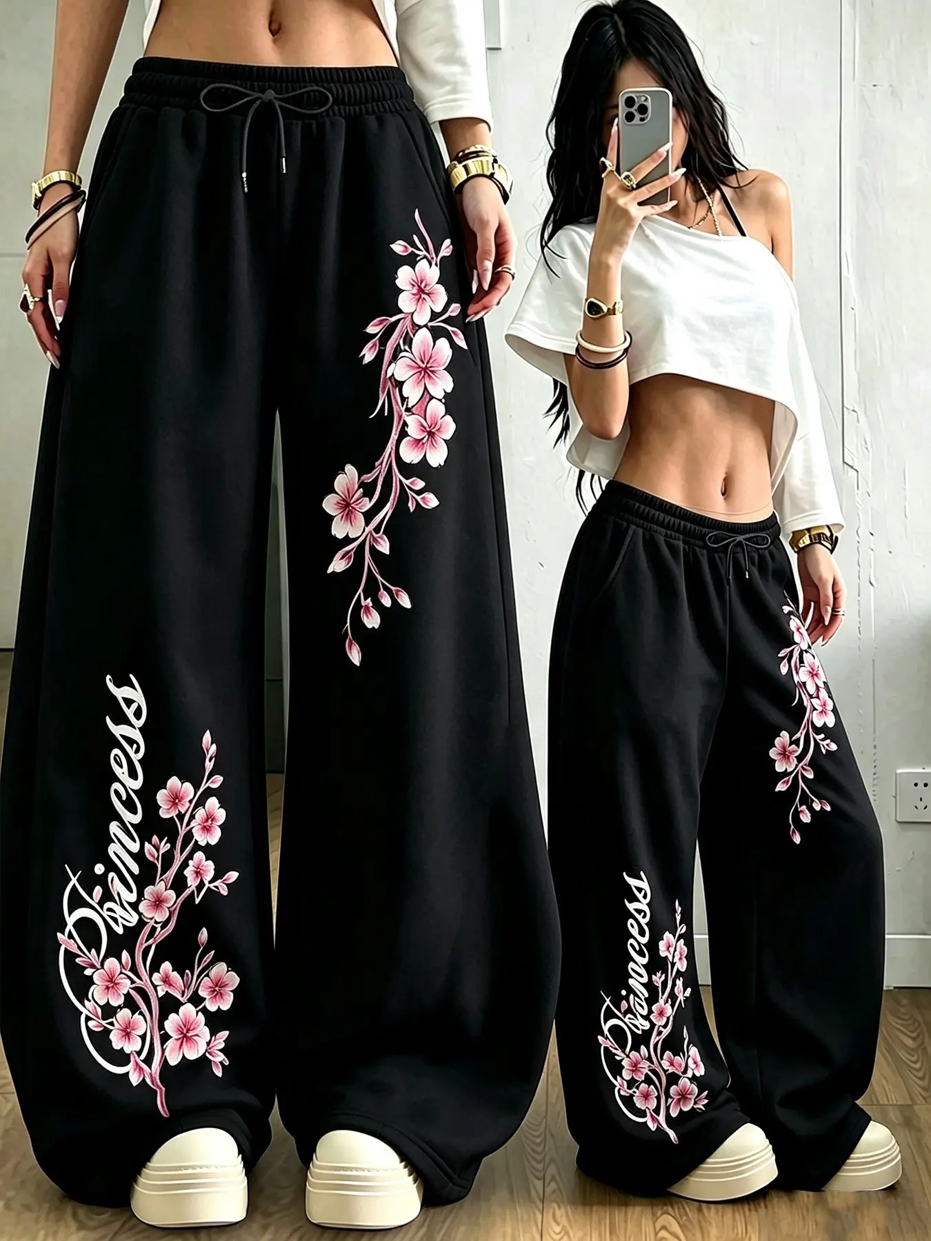 Women's Boho Style Cherry Blossom Print Sweatpants, High Waist Drawstring Loose Fit, Straight Leg Long Pants with Pockets, Trendy Streetwear