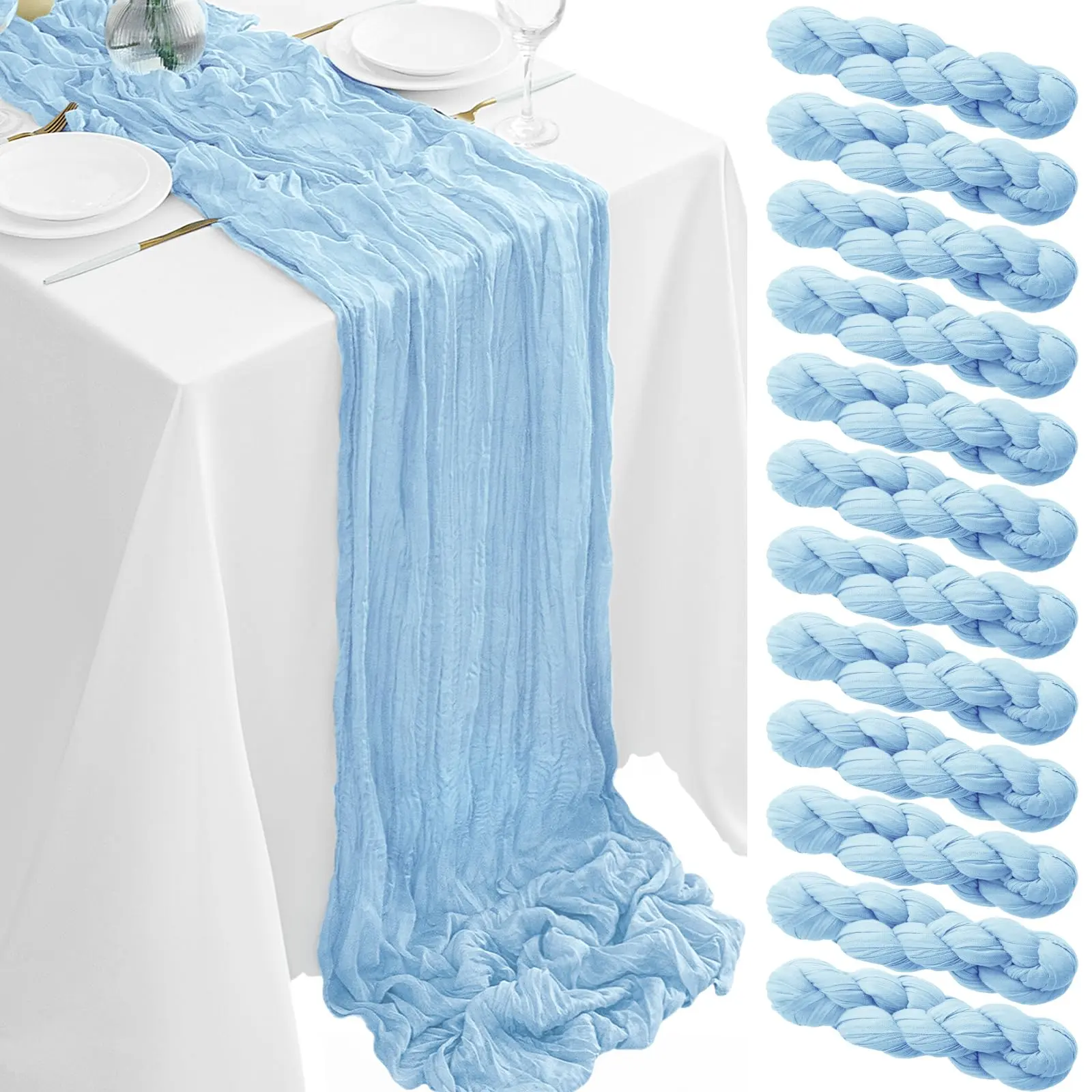 Soft Polyester Cheesecloth Table Runners (6/12 Pack, Light Pink) - 17" Wide Coverage, 108" Long Drape, Semi-Sheer Boho Gauze, Pleated Look, Chair Sash Ready, Gift Wrapping, for Wedding Party Home Decor (Note: Avoid Direct Sunlight)
