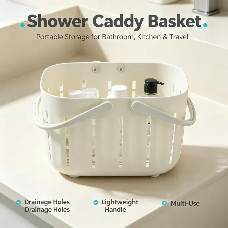 Portable Plastic Shower Caddy Basket With Drain Holes & Sturdy Handle, Perforated Quick Dry Bathroom Storage Organizer, Lightweight Easy To Clean Tote For Bathroom, Kitchen & Travel Use