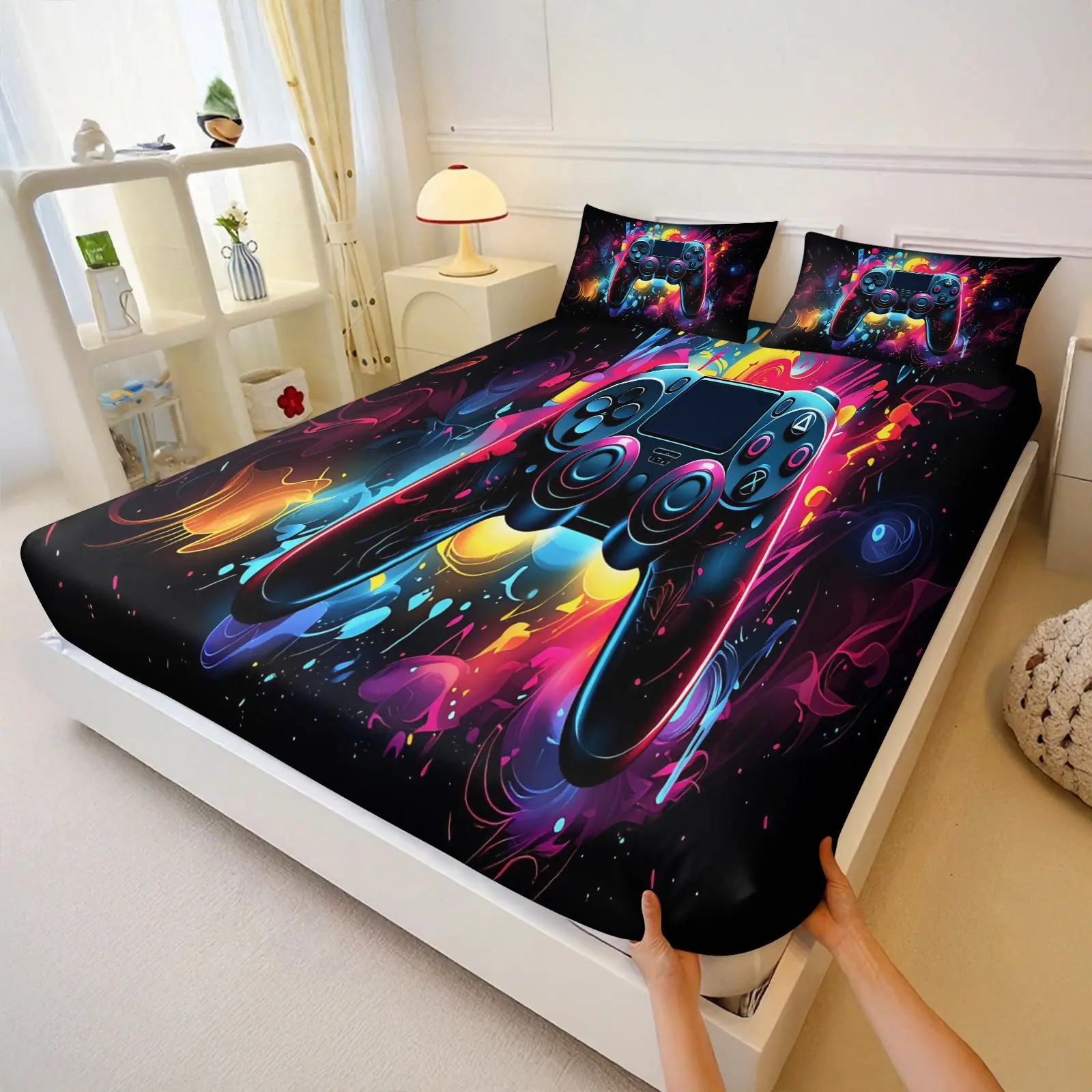 Vibrant Rainbow Neon Gamepad Sheet Set, Futuristic Cyber Gaming Bedding, Deep Pocket Fitted Sheets for Teen Boys, Dorm Apartment Decor