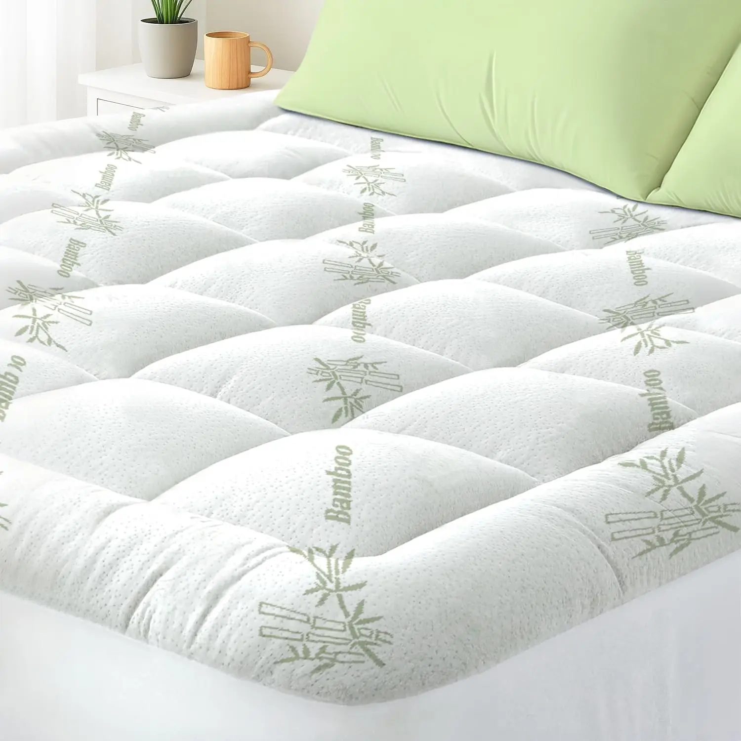 Queen Size Green Bamboo Viscose Mattress Topper, Thick Pillow Top Mattress Pad with Deep Pocket Fits 8"-21" Mattresses, Soft Breathable for Back Pain Relief