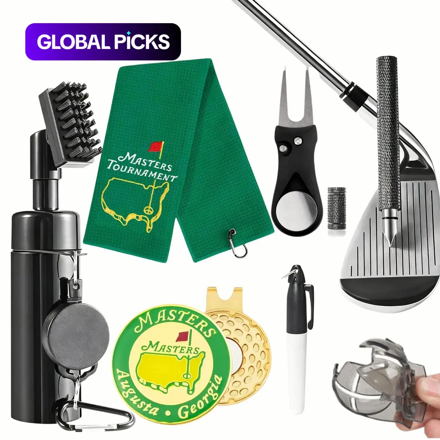 Complete Golf Club Cleaning Kit, Includes Water Brush, Towel, Divot Repair Tool, Groove Sharpener, Golf Ball Alignment, Essential Golf Accessories, Golf Gift Sets #GLOBAL PICKS