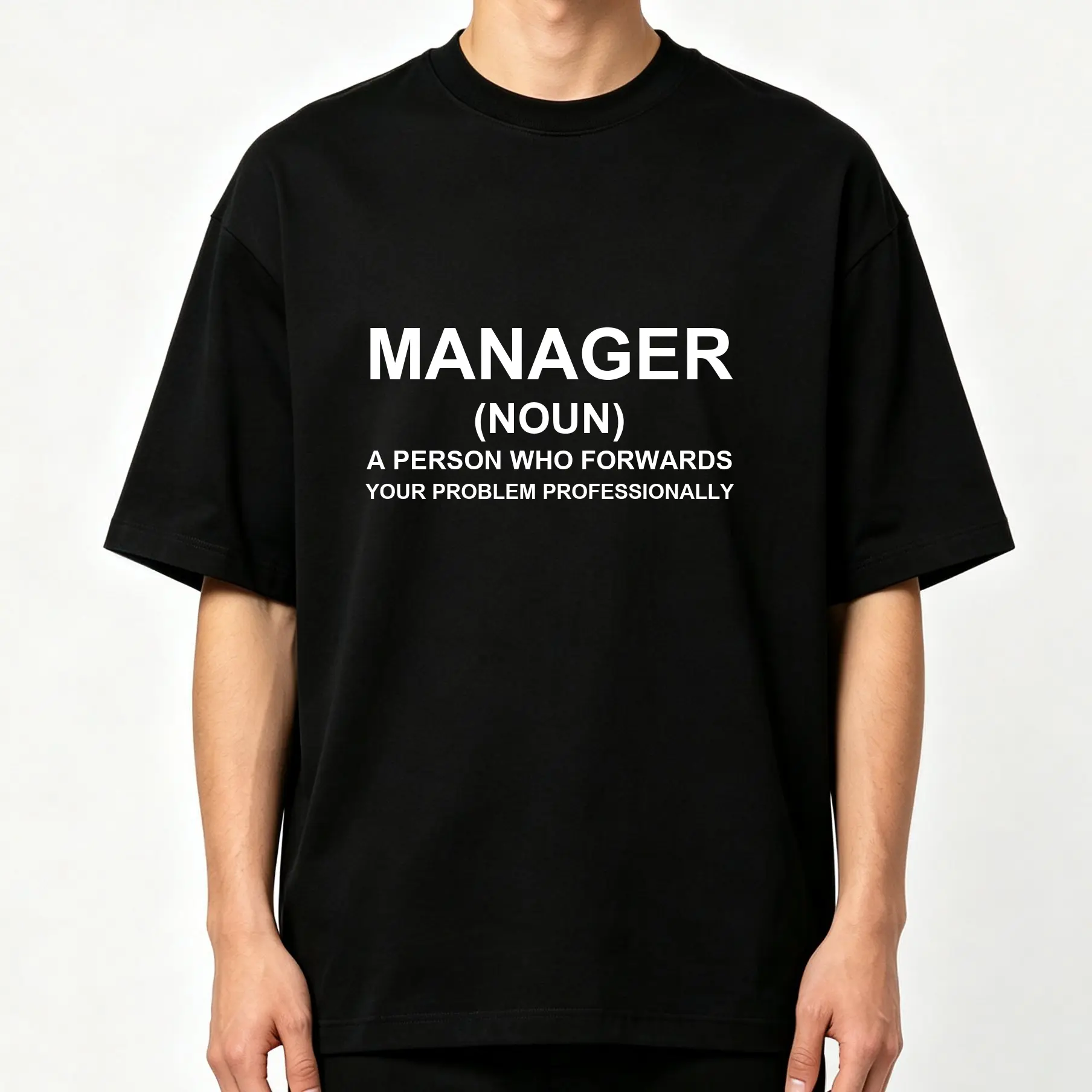 Funny Manager Noun Definition Quote Graphic Print Oversized Crew‑Neck T‑Shirt, Unisex Men Women Sarcastic Work Humor Loose‑Fit Short‑Sleeve Casual Streetwear Tee Top For Office Supervisor Daily Wear funny meme shirt