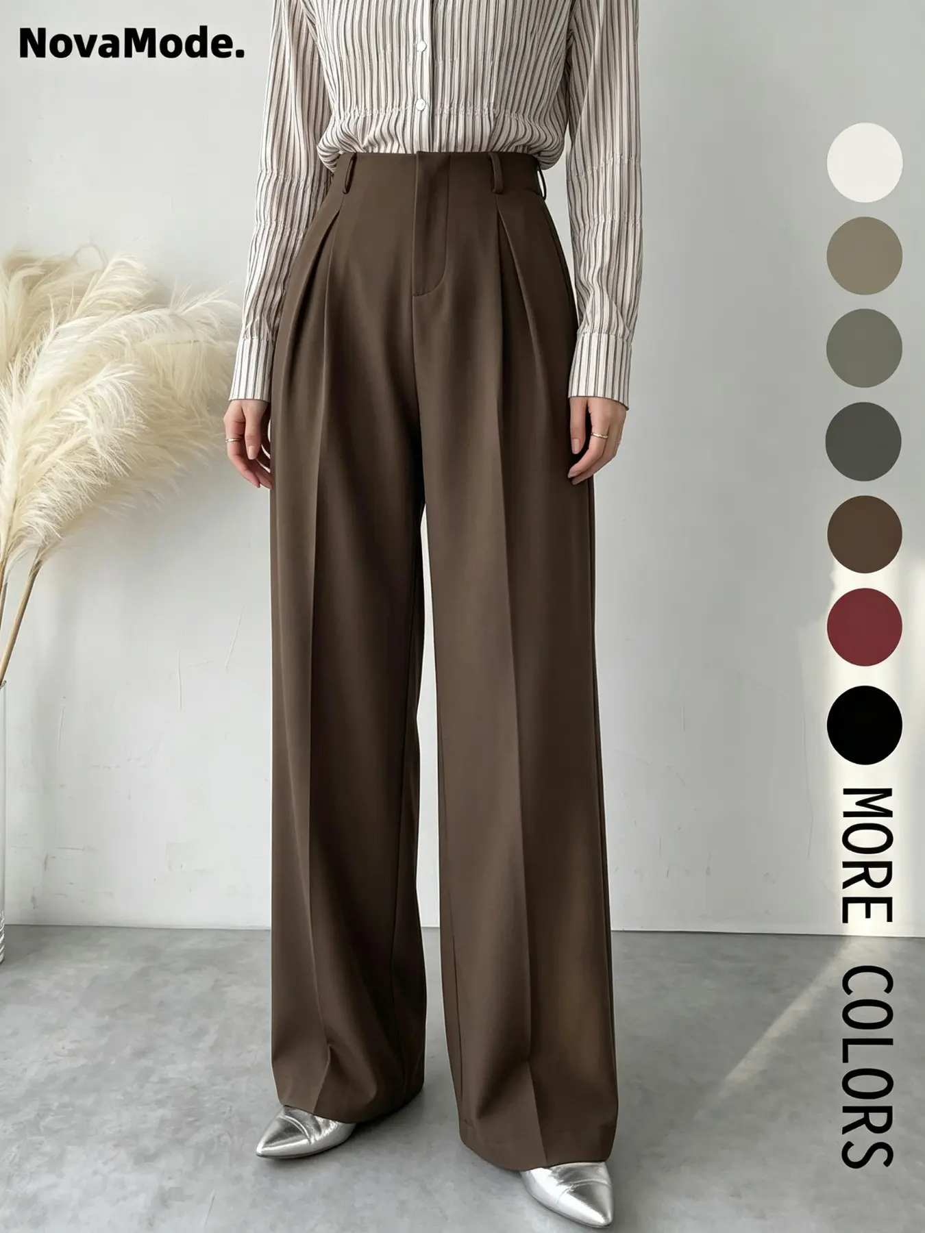 Women's Solid Color Plicated Pocket Wide Leg Pants, Elegant Zipper Fly Trousers for Work Office Business, Ladies Spring & Fall Clothes