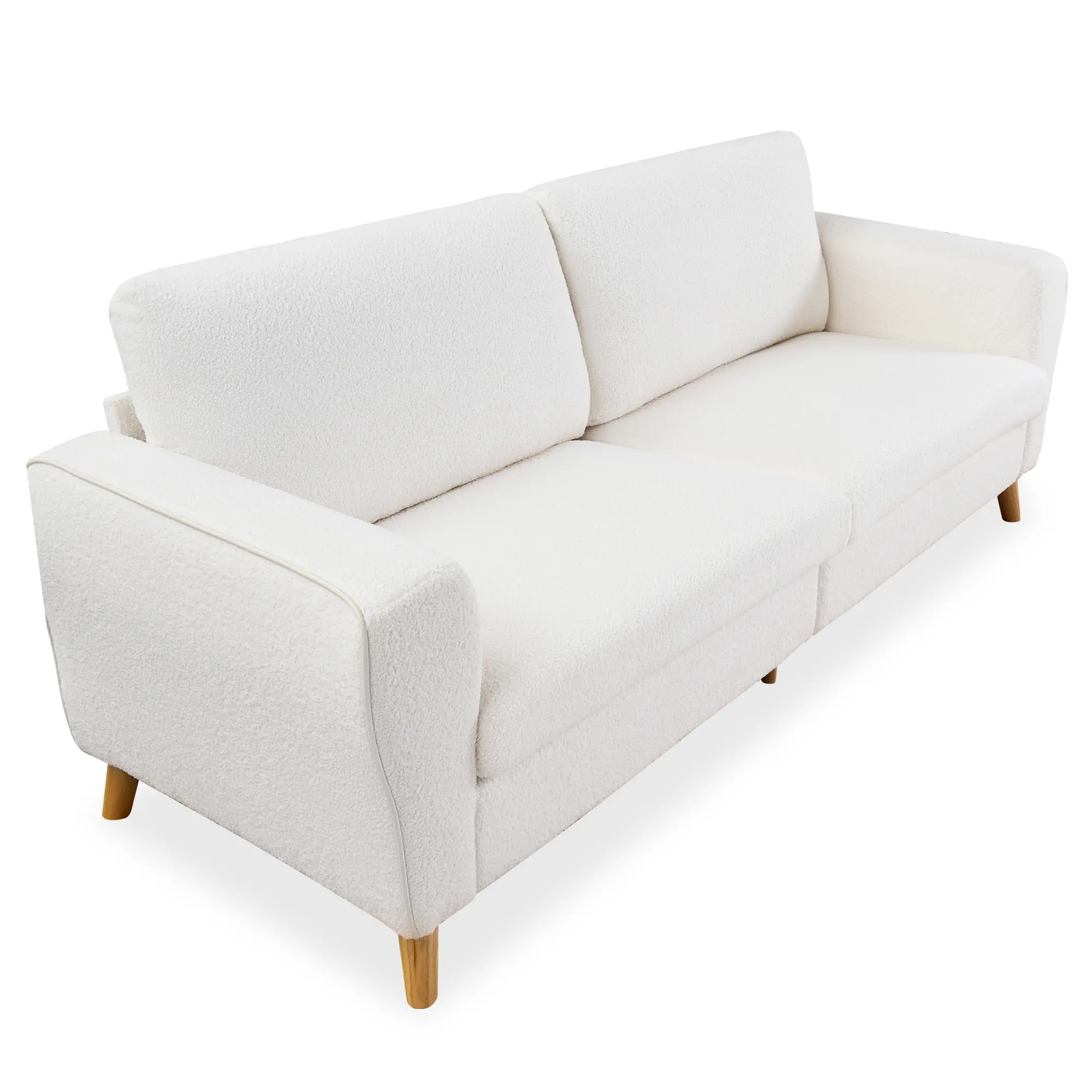 Modern Bouclé 3-Seater Loveseat Sofa Couch – Streamlined Wide Armrests, Wooden Feet, Soft Fabric Upholstery