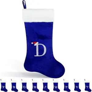 22 Inches Monogram Christmas Stocking D Letter Blue Soft Velvet with White Plush Cuff Embroidered Initial for Xmas Holiday Fireplace Decoration Gifts