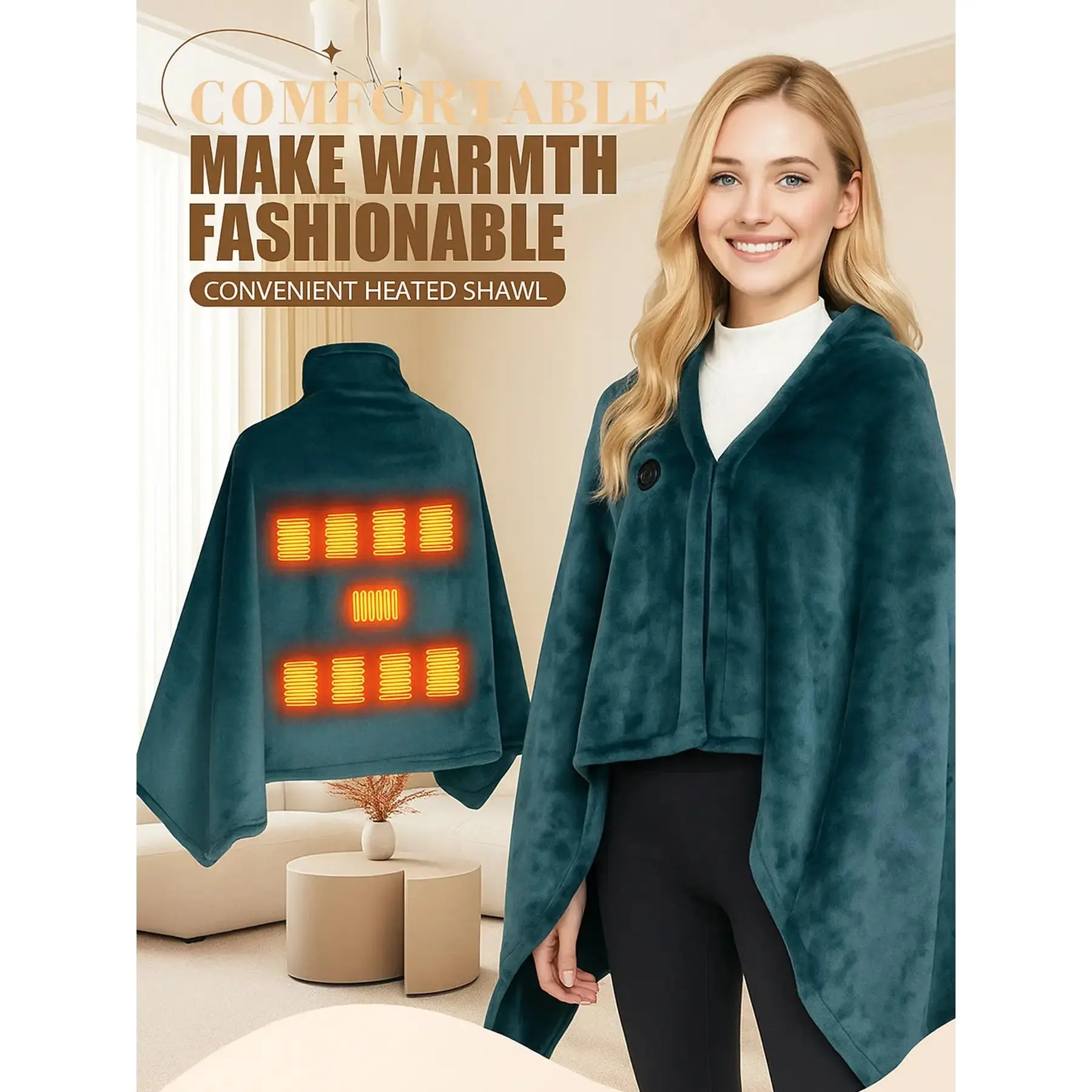Multi-Color USB Portable Heated Shawl, 7 Zone Temperature Control Ultra Soft Flannel Design, Unisex Home & Office Use