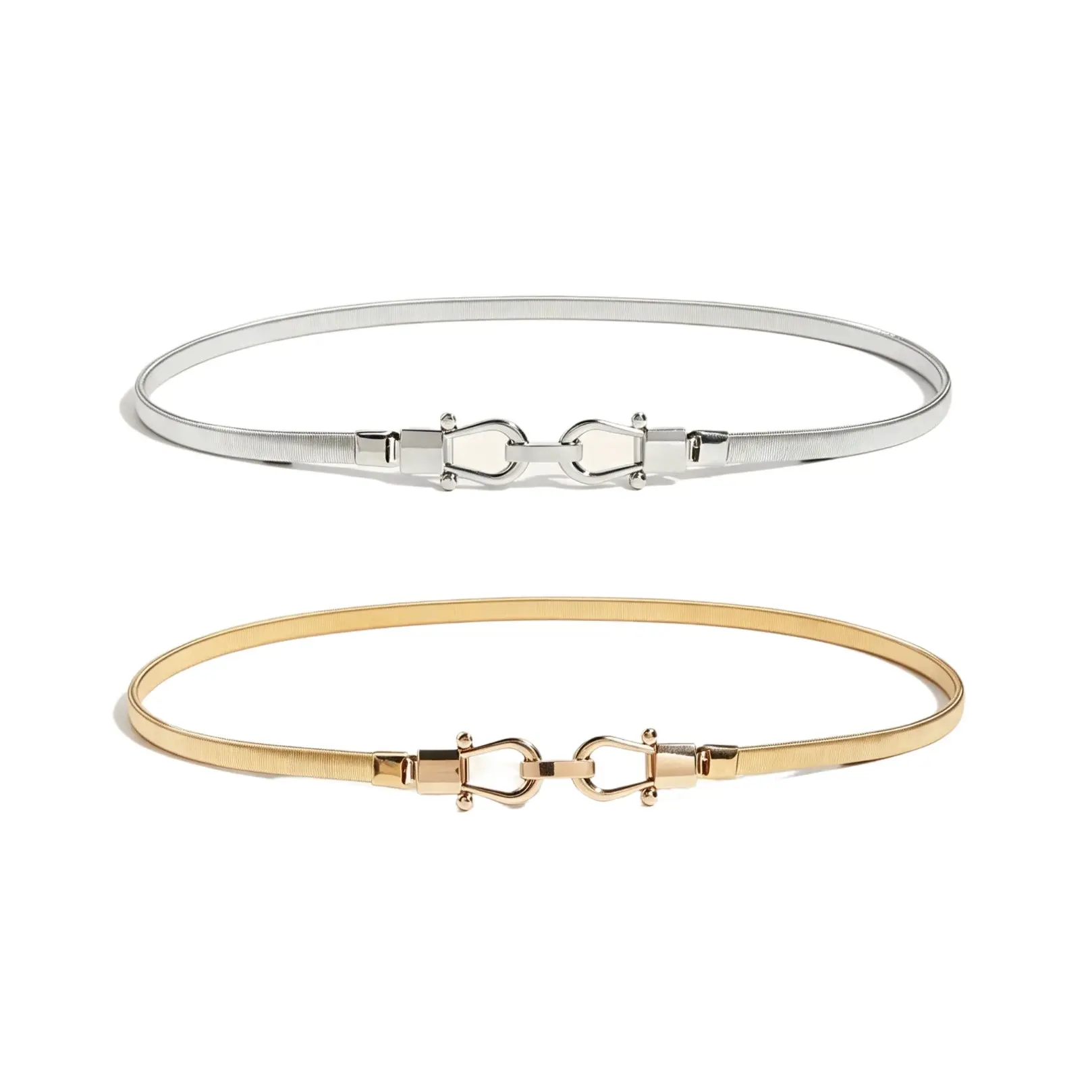 Female Minimalist One Size Metal Alloy Elastic Skinny Waist Belt, Horsebit Buckle Thin Accessory, Versatile Party Wear For Dresses, Skirts, Daily Outfits