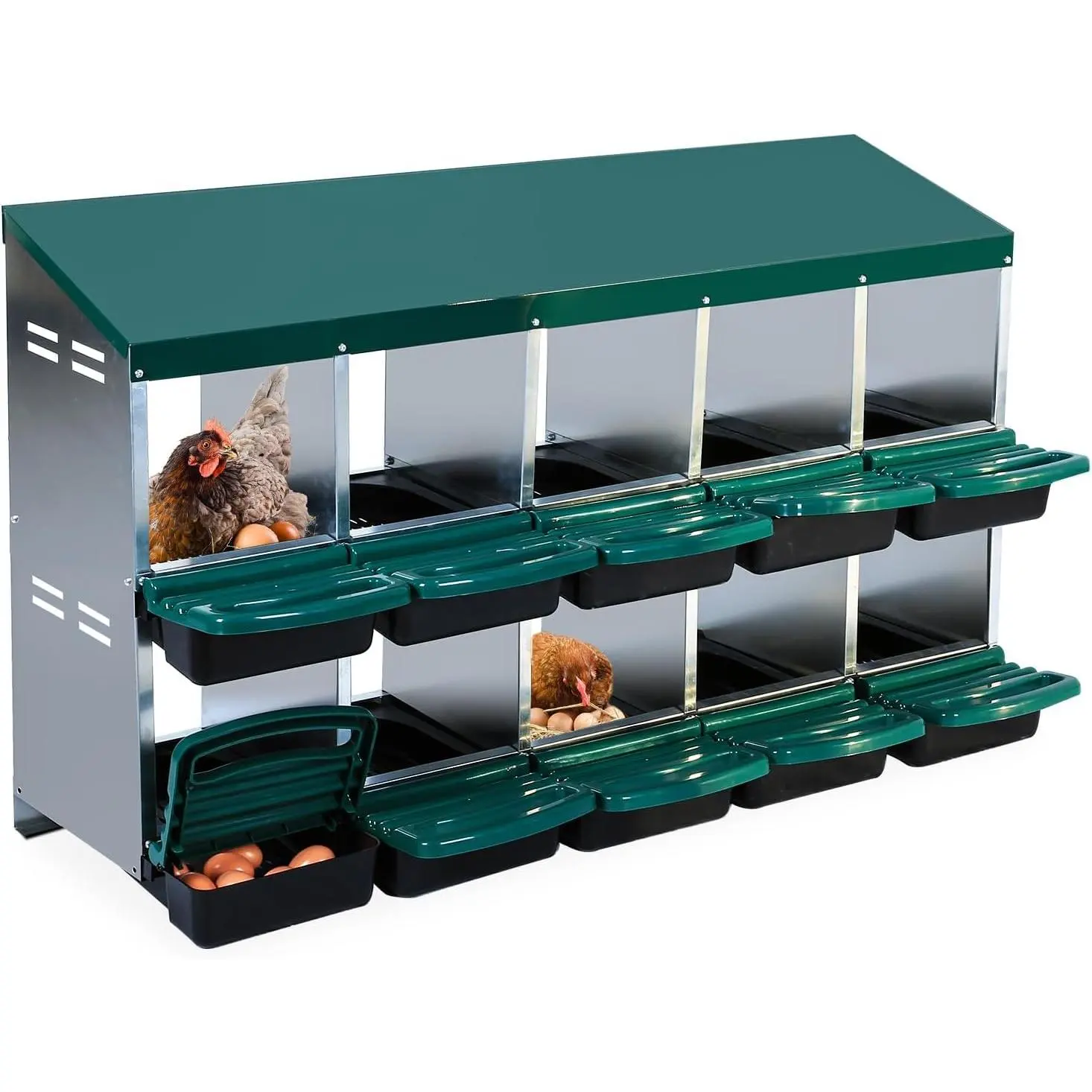10 Hole Metal Chicken Nesting Boxes with Removable Trays & Roll Out Egg Collection, Easy-Clean Chicken Laying Box for Chicken Coop