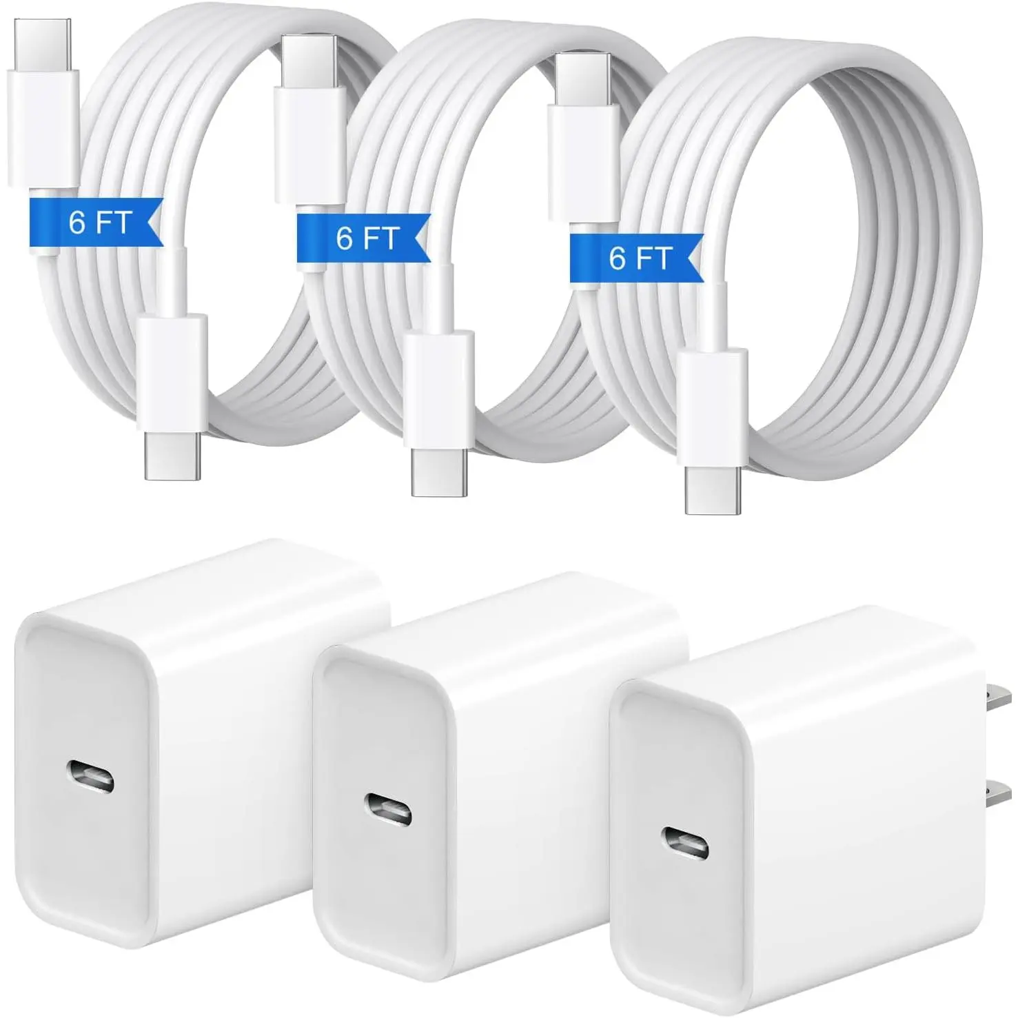 3+3 Pack 20W USB C Wall Fast Charger with 6FT Fast Charging Cable, Compatible with iPhone 17/17 Air/17 Pro/17 Pro Max/16/15 Series, iPad Pro, AirPods