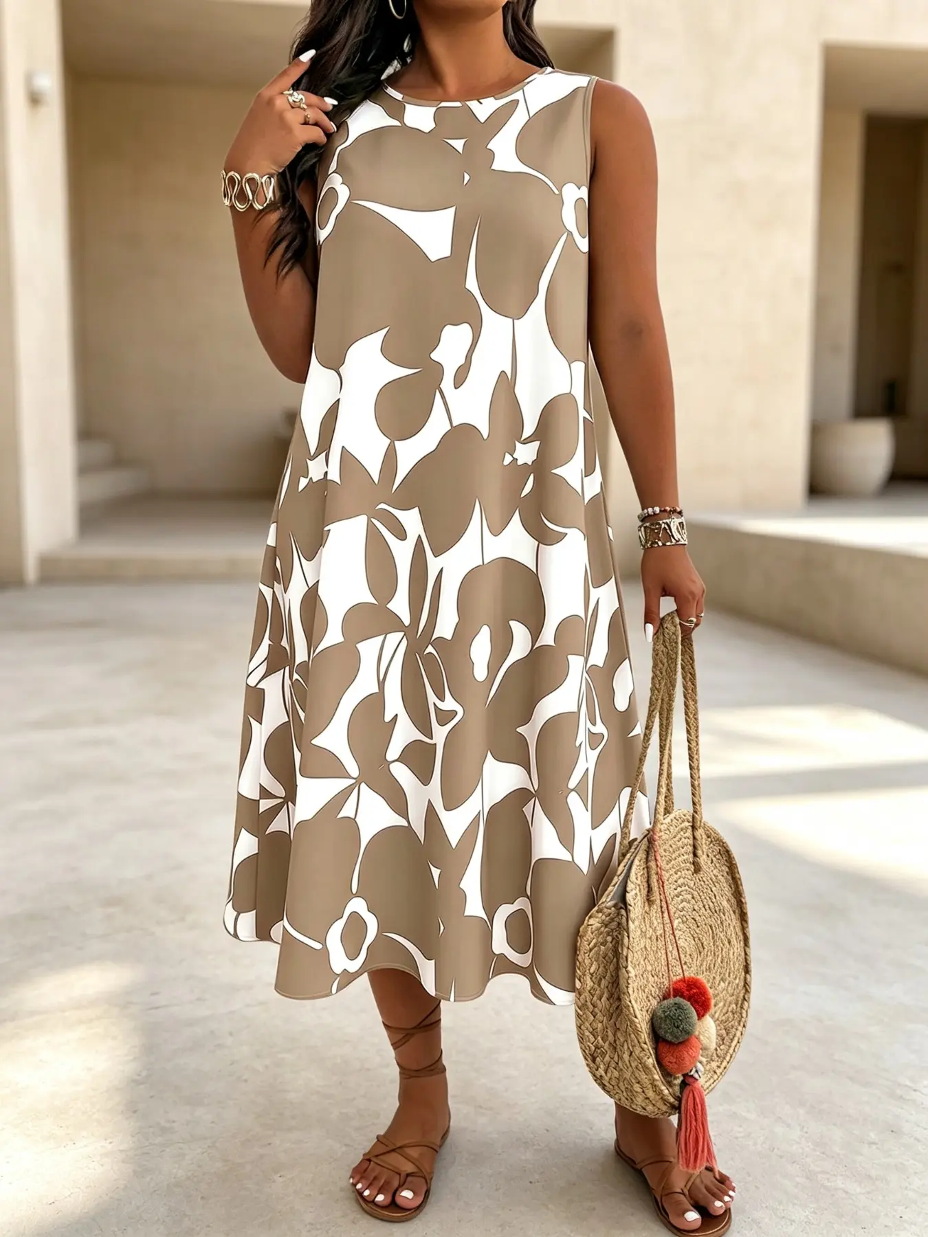 Sleeveless Midi Dress Abstract Floral Print Loose Round Neck A-Line Back Zipper Large Skirt Plus Size Women Summer Beach Daily Casual Wear