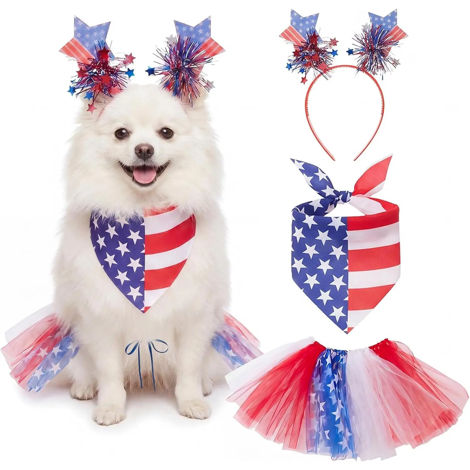 Huhumy 3-Piece American Flag Pet Costume Set - Party Outfit, Celebration Ready, Fabric Mix, Bandana, Tutu Dress, Headband for Dogs, Cats (4th of July, Memorial Day)