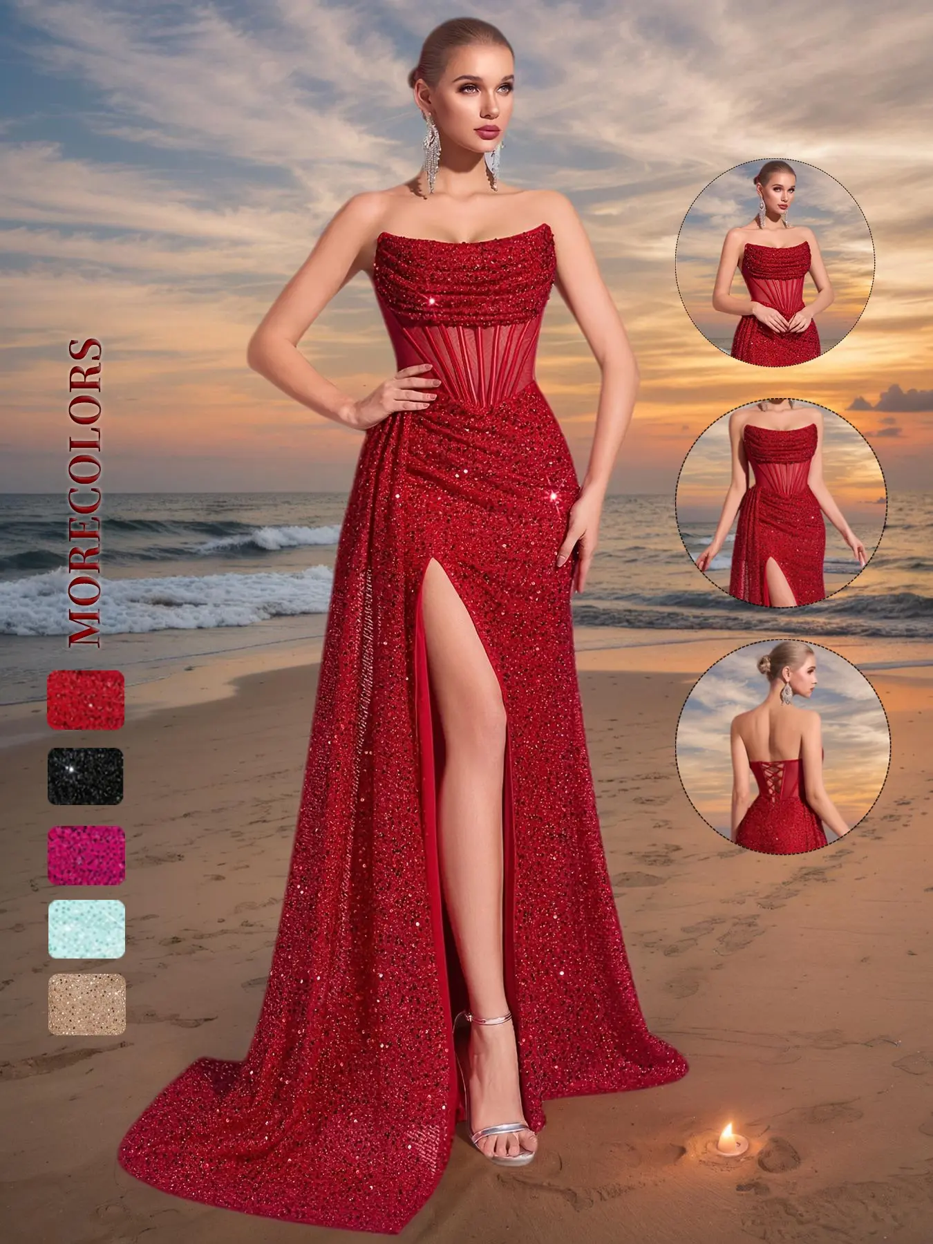 Elegant Women's Slim Fit Sequined Evening Maxi Gown, Strapless A-Line Dress, Sparkling Formal Wear for Parties & Weddings