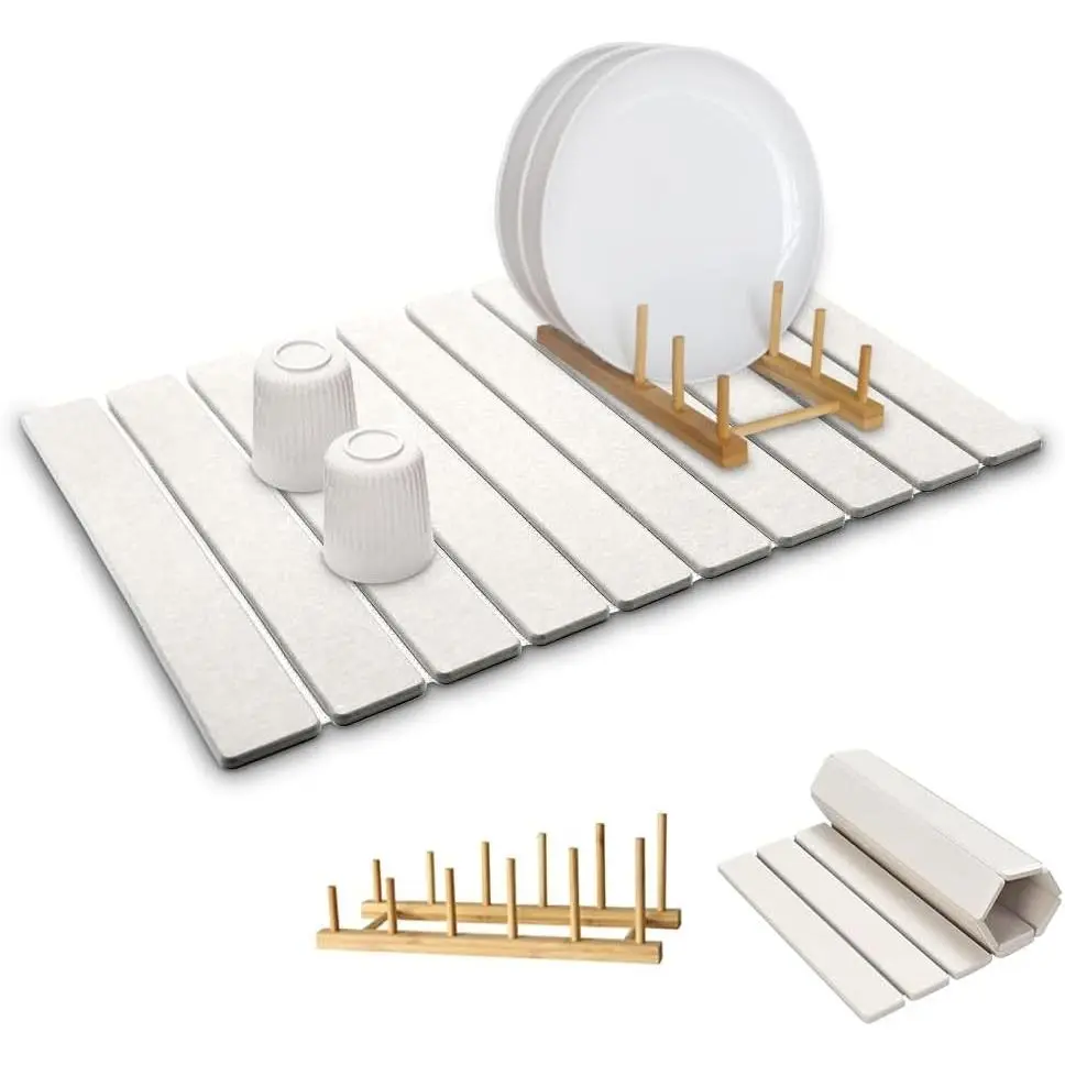 Large Stone Dish Drying Mat for Kitchen Counter,Equipped Dish Rack, Diatomaceous Earth Material, Foldable and Super Absorbent Dish Drying Pad Suitable for Tableware, Bottles and Cup (White, 24×16 IN)