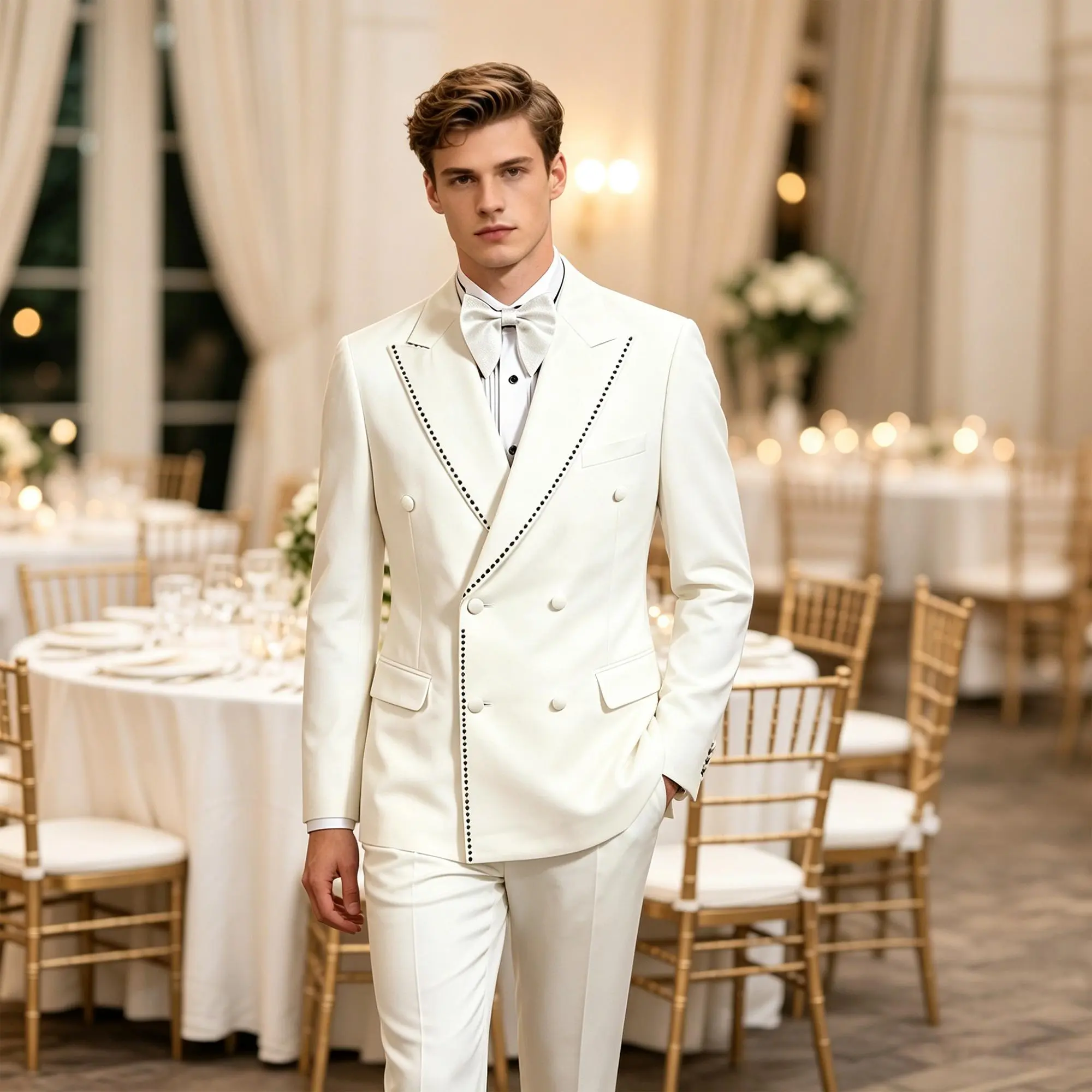 Men's Elegant 2-Piece Tuxedo Set with Studded Lapel, Double Breasted Slim Fit Blazer and Trouser, Plain Long Sleeve Menswear for Weddings & Dances, Classic