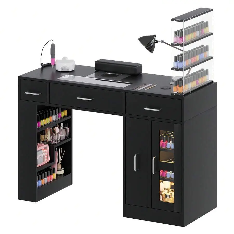 Manicure Table Nail Tech Desk With Glass Top Drawer, Dust Collector & Shelves, Acetone-Resistant Salon Workstation, Blacknail Desk, Nail Table, Salon Equipment, Manicure Table, Nail Tech Desk, Salon Furniture, Nail Tech Table, Portable Nail Table, Foldabl