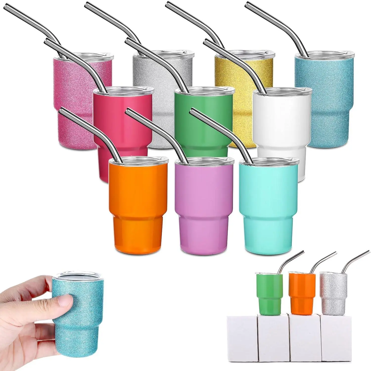 10 count Mini Tumbler Shot Glass with Straw, 3oz Sublimation Shot Glass Tumblers Set Stainless Steel Double Wall Vacuum Insulated Shot Glasses Cups for Cocktail Coffee Whiskey Beer