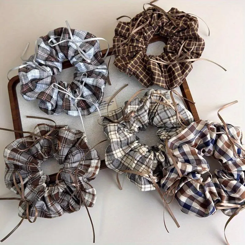 Lazy-chic Melange-tone Plaid Bow Hair Tie Coffee-Brown Fabric Bun Tie for Low Ponytail