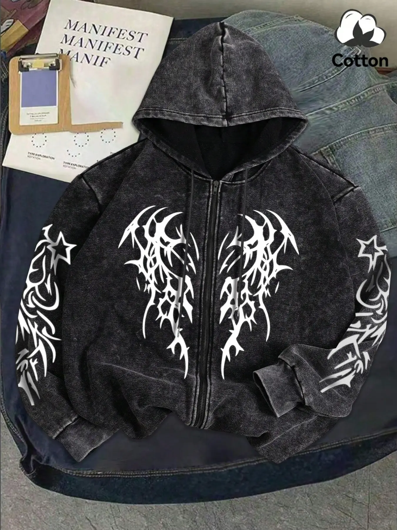 Men's Zipper Open Front Sweatshirt, Gothic Pattern Print, Spring & Fall Loose Fit Long Sleeve Hoodie, Casual Fashion Top