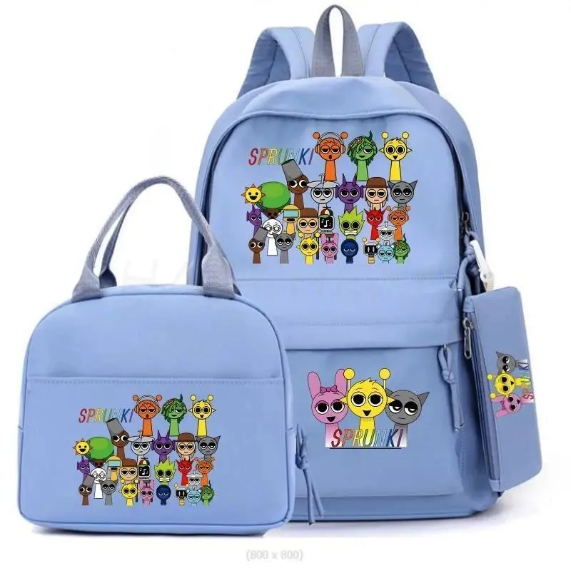 New Sprunki 3-Piece Cartoon Print School Backpack Set for Students, School Use, Includes Lunch Bag, Colorful Functional Bookbag for Children Teens