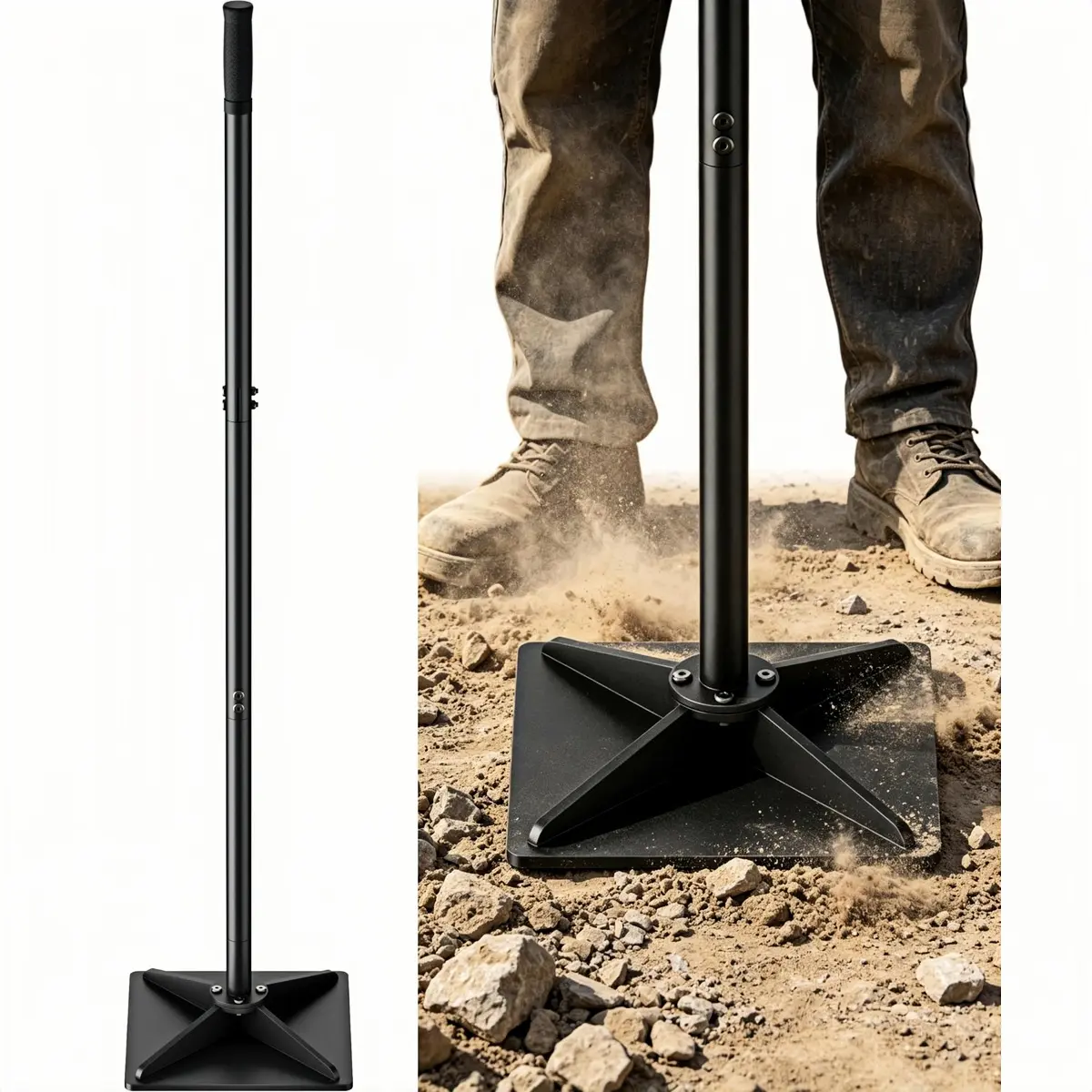 Heavy-Duty Steel Hand Tamper, 8x8 in Soil Plate Compactor with 44" Adjustable Handle and Rubber Grip, Landscaping & Paver Tool for Gravel/Sand