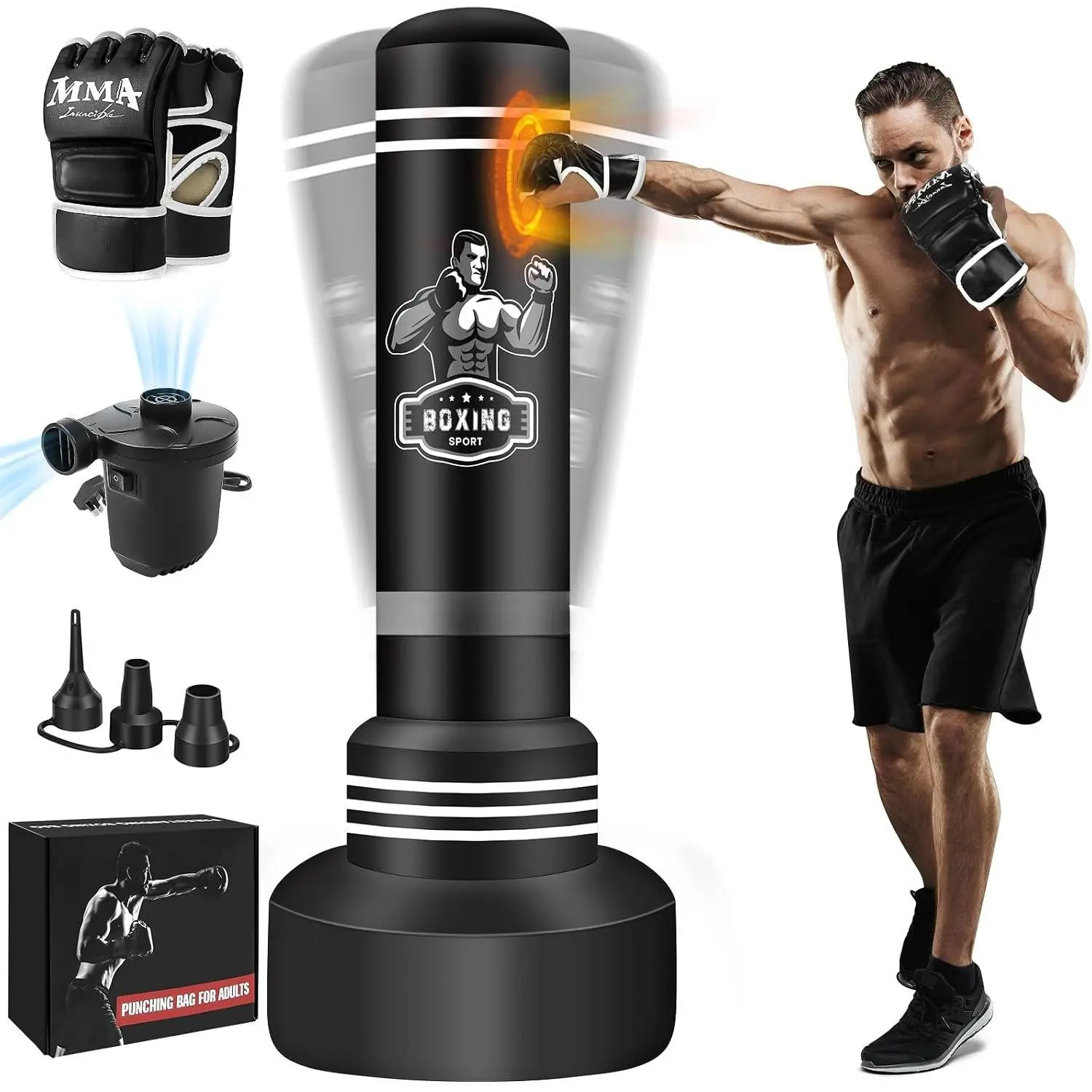 Freestanding Punching Bag for Adults, 70'' Boxing Bag with Stand Kicking Bag Heavy Bag with Boxing Gloves and Electric Air Pump, Women Men Kickboxing Bags for Beginners  MMA Muay Thai Fitness