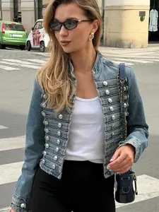 Women's Denim Jacket Blue Jean Jacket Women Long Sleeve Denim Jacket Female White Button Fitted Jeans Coat Cropped Jackets For Woman Fashion Street Style Outerwear