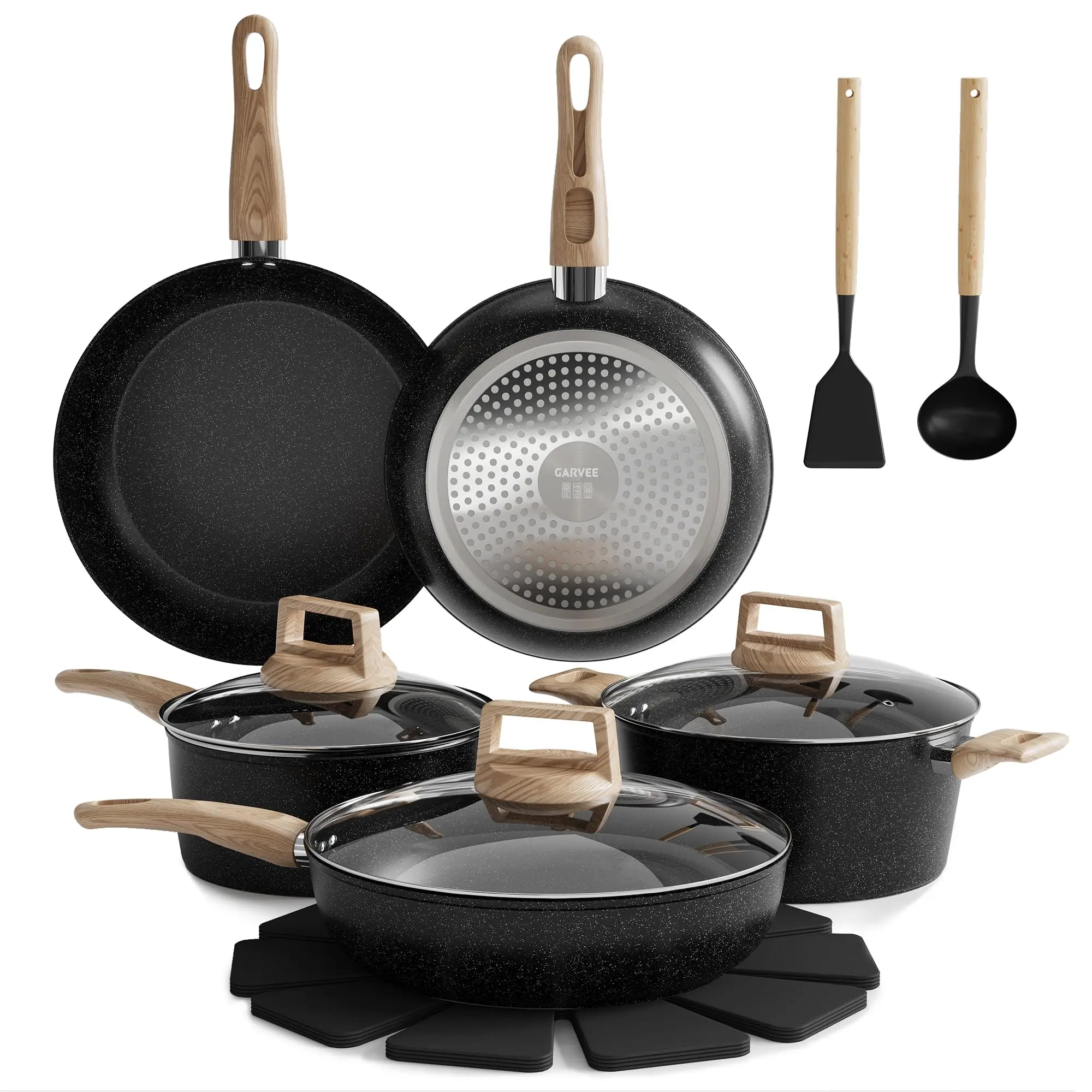 Garvee 14-Piece Ceramic Compact Aluminum Cookware Set for Couples, Fixed Wood-Effect Handles, Stackable Frying Pans, Glass Lids - Black
