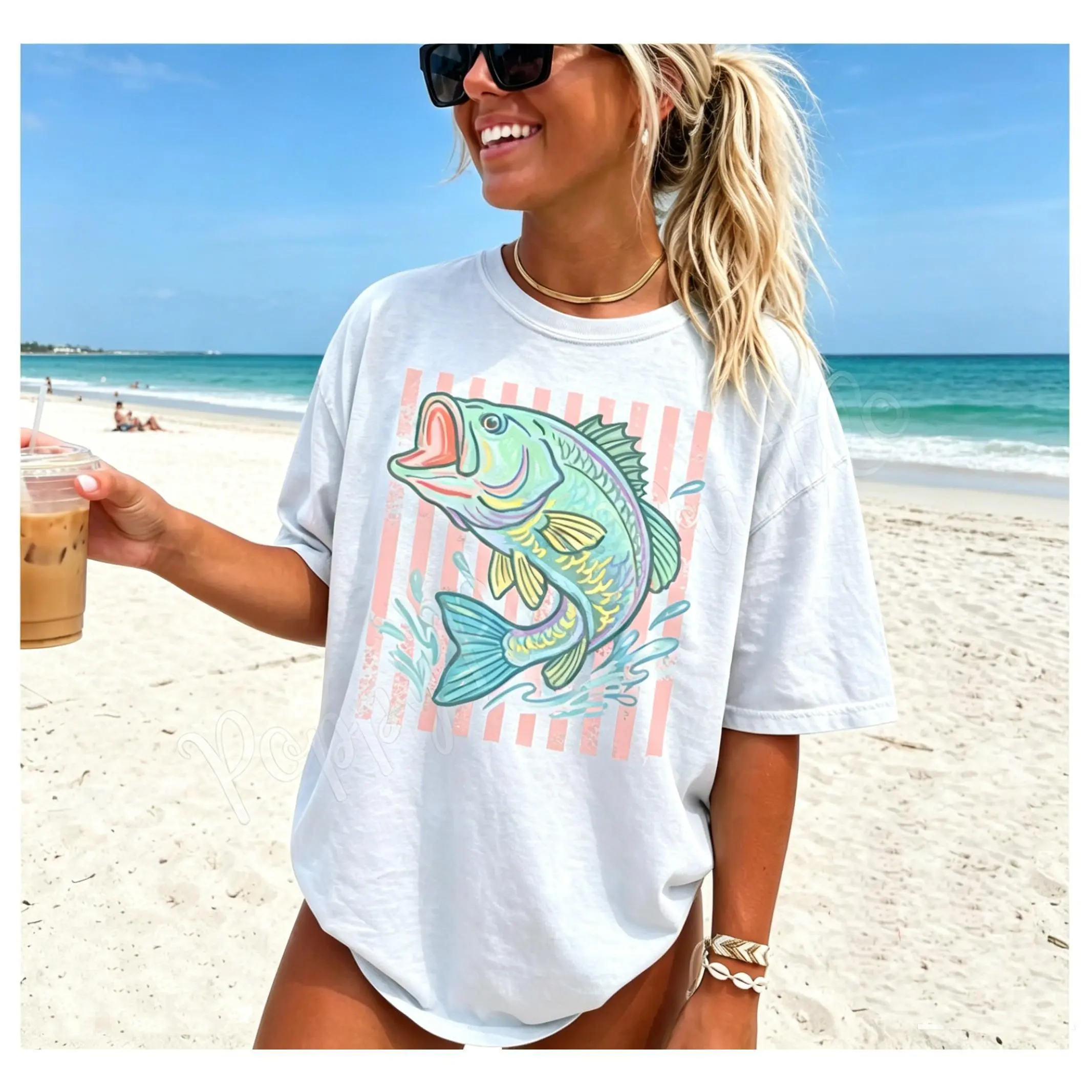 Women's Graphic T-Shirt, Oversized Coastal Style with Striped Sleeves and Retro Bass Fish Print, 100% Cotton Casual Summer Clothes for Women, Women's Clothes